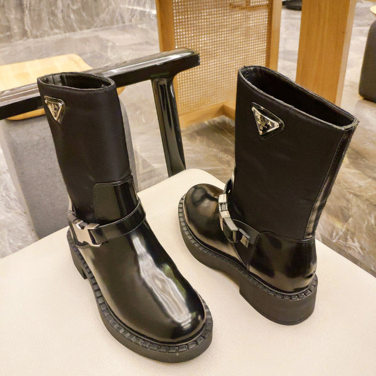 Prada 26s Buckle Triangle Logo Boots 5cm Black Nylon Patent Leather 109440