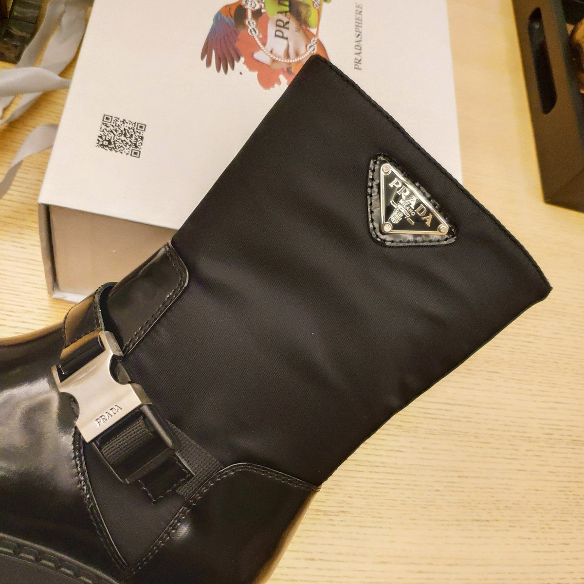Prada 26s Buckle Triangle Logo Boots 5cm Black Nylon Patent Leather 109440