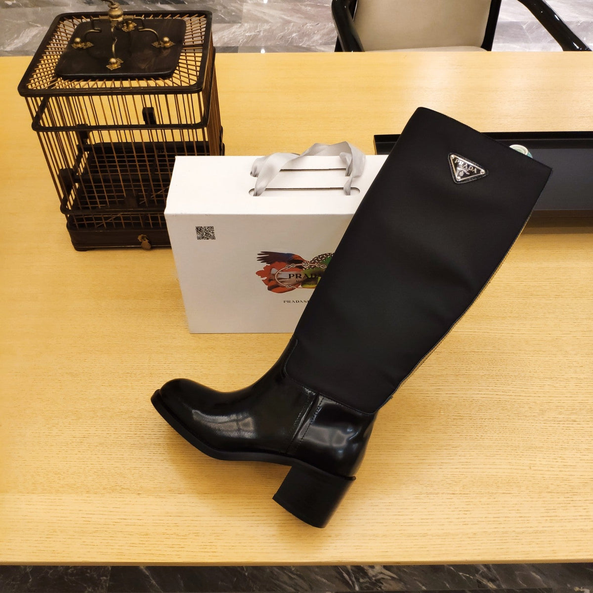 Prada 26s Triangle Logo Knee-High Boots 5.5cm Black Nylon Patent Leather 109441