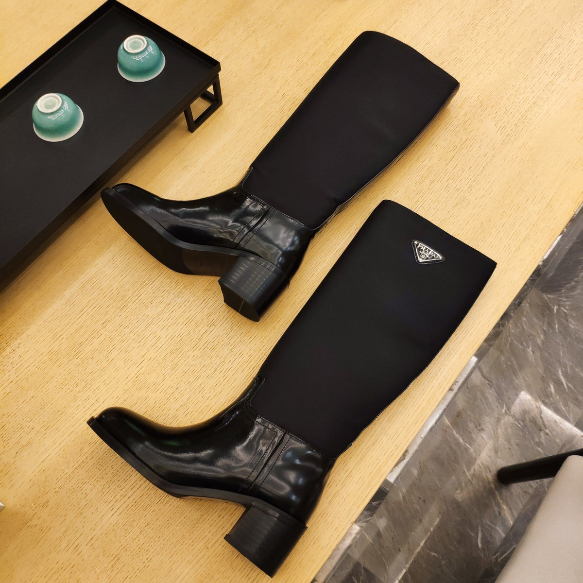 Prada 26s Triangle Logo Knee-High Boots 5.5cm Black Nylon Patent Leather 109441