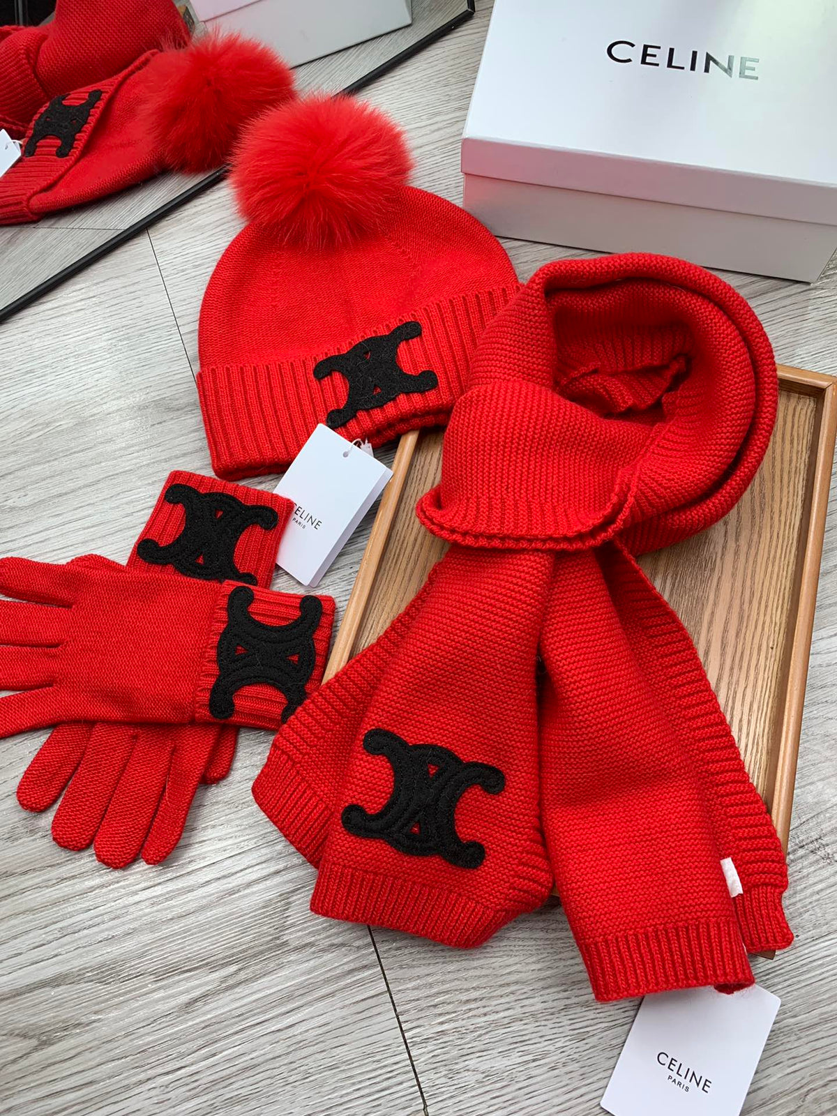 Celine Hat Scarf Gloves Set Red Knit Fur 475093