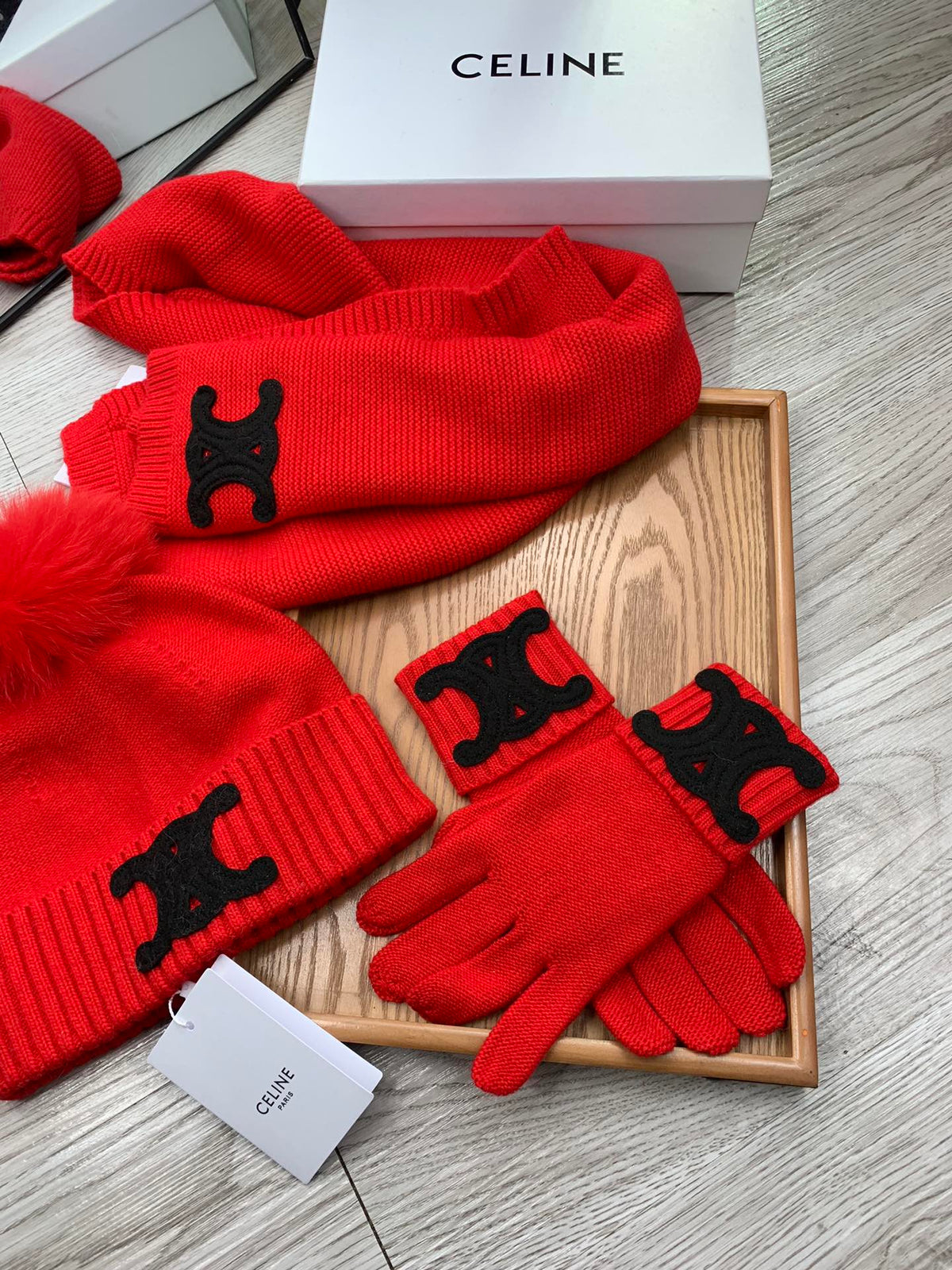 Celine Hat Scarf Gloves Set Red Knit Fur 475093