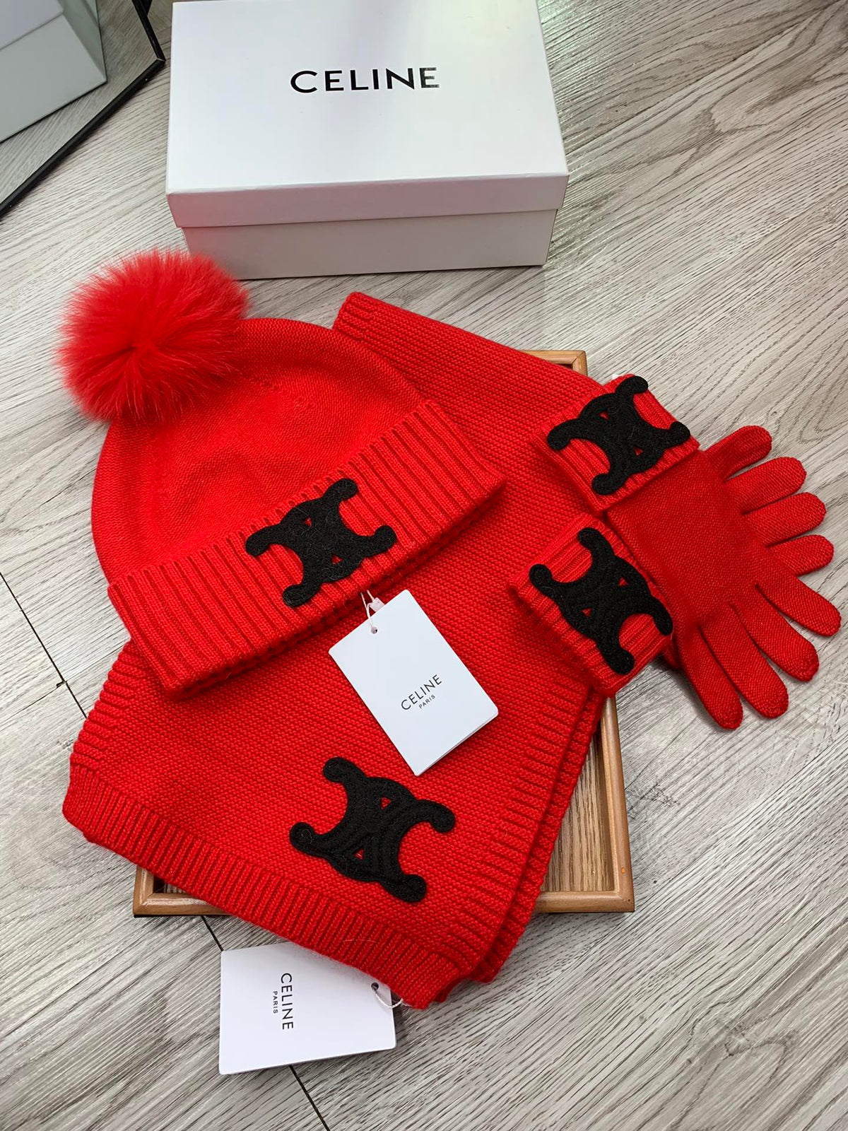 Celine Hat Scarf Gloves Set Red Knit Fur 475093
