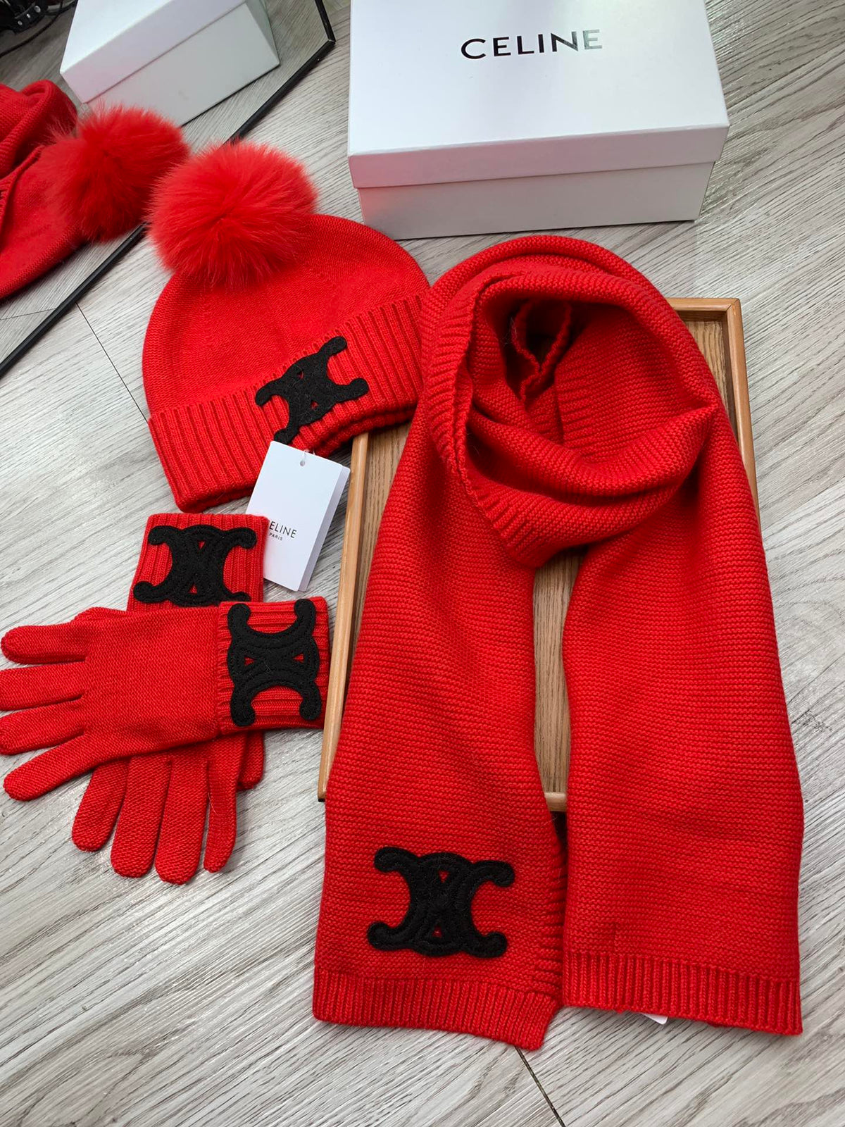Celine Hat Scarf Gloves Set Red Knit Fur 475093