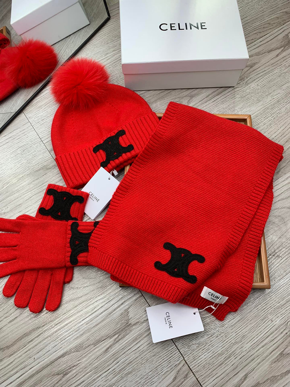Celine Hat Scarf Gloves Set Red Knit Fur 475093