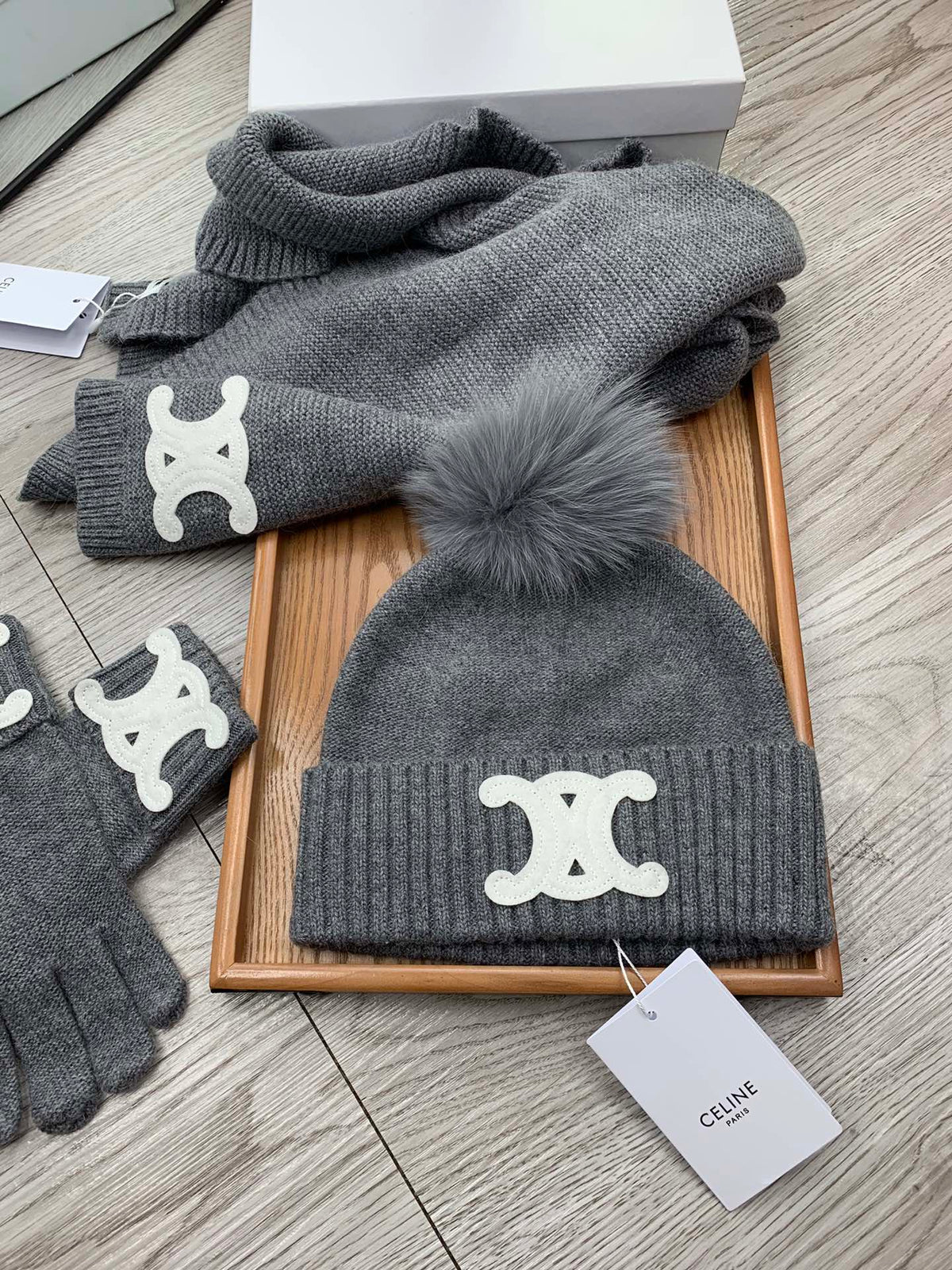 Celine Hat Scarf Gloves Set Gray Knit Fur 475092