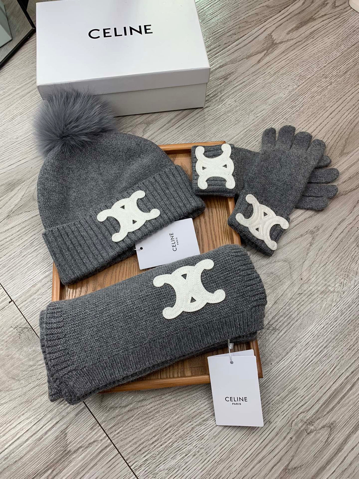 Celine Hat Scarf Gloves Set Gray Knit Fur 475092