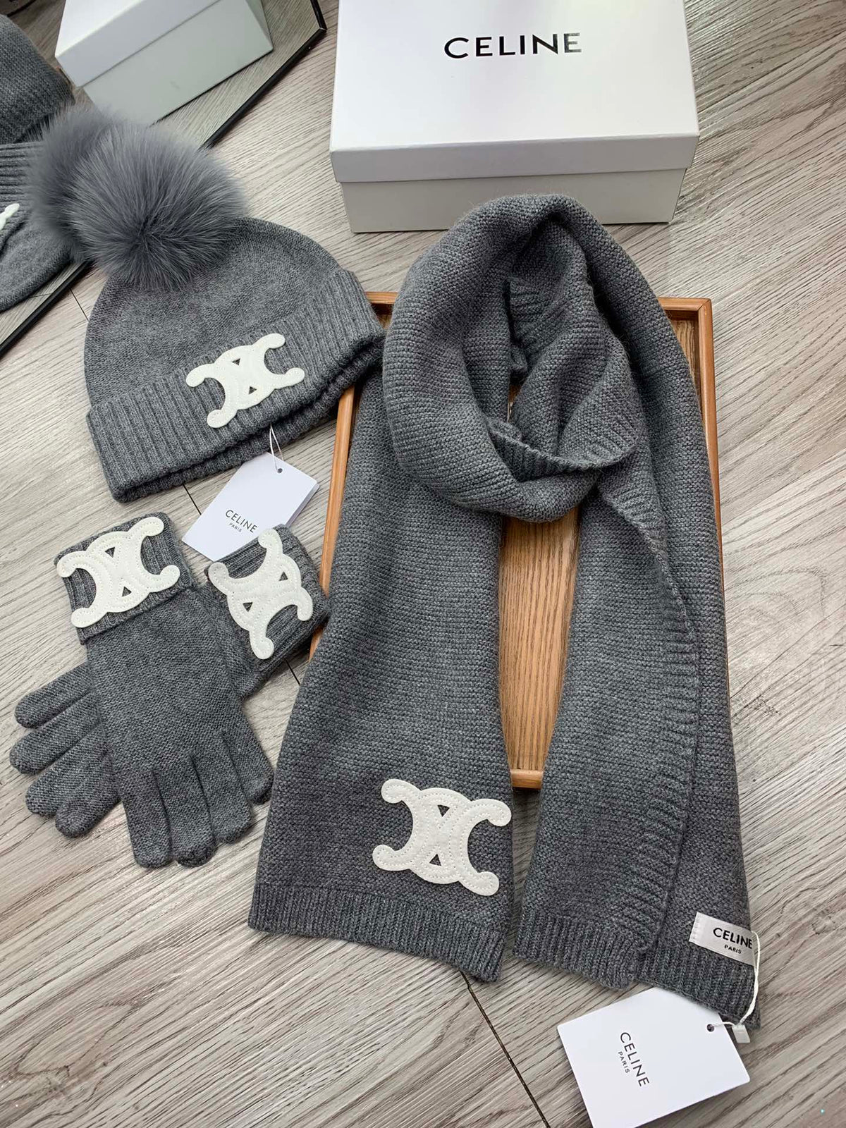 Celine Hat Scarf Gloves Set Gray Knit Fur 475092