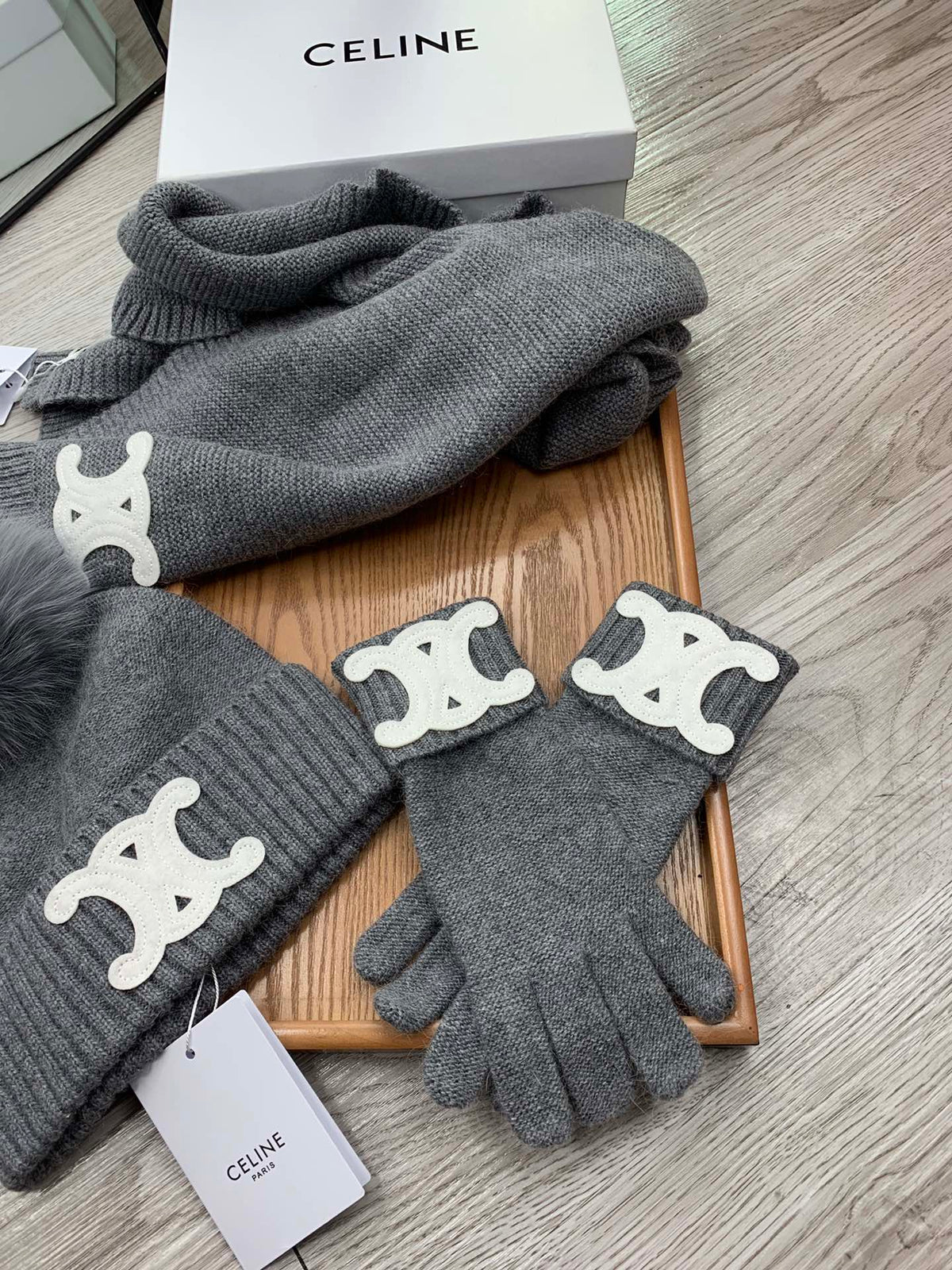 Celine Hat Scarf Gloves Set Gray Knit Fur 475092