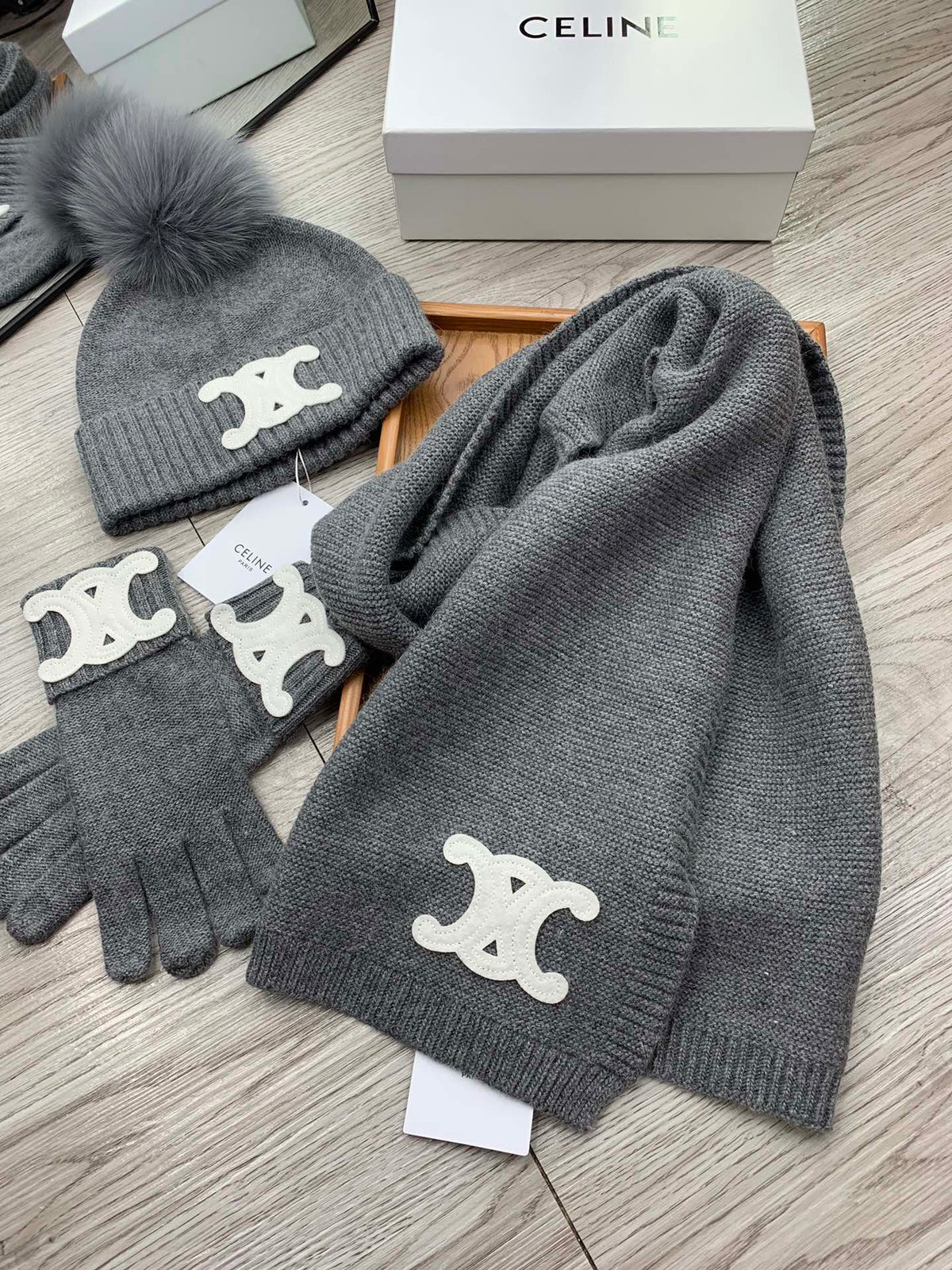 Celine Hat Scarf Gloves Set Gray Knit Fur 475092