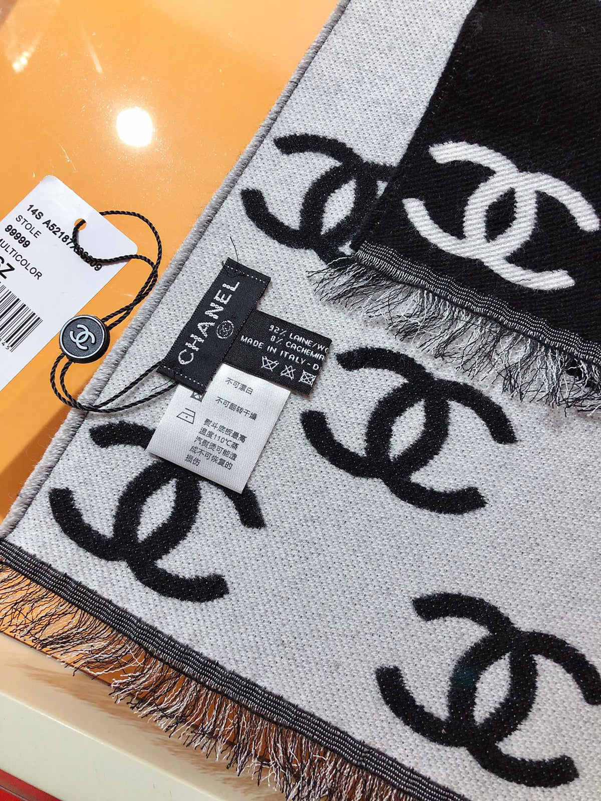 CC 26s Black White CC Monogram Fringe Scarf 38x190cm 534742