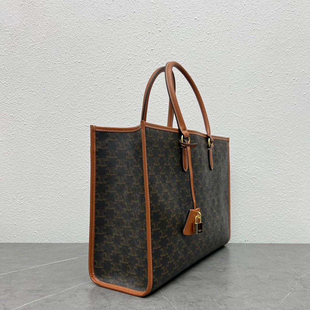 Celine Horizontal Cabas Bag Triomphe Black Brown Canvas & Calfskin