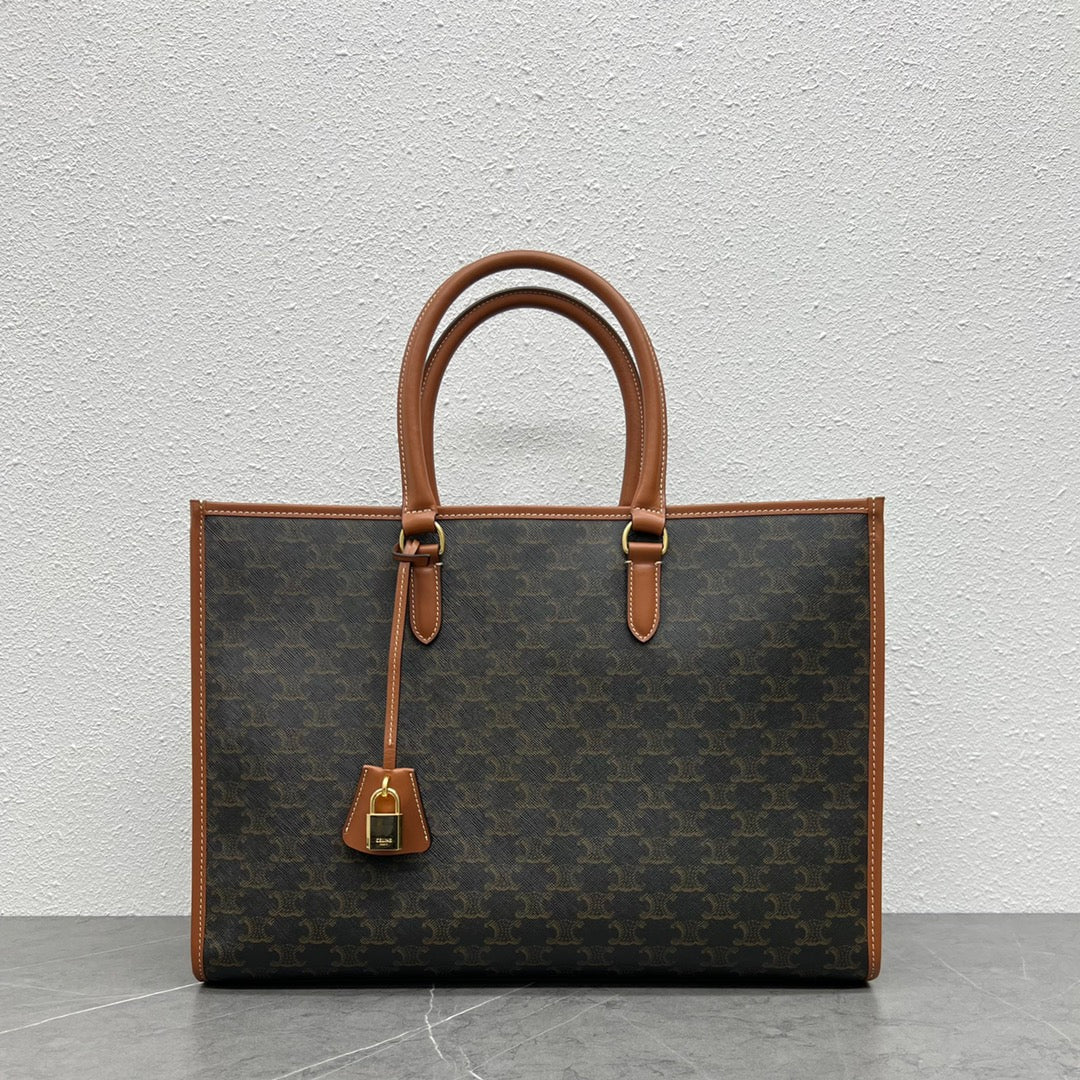 Celine Horizontal Cabas Bag Triomphe Black Brown Canvas & Calfskin