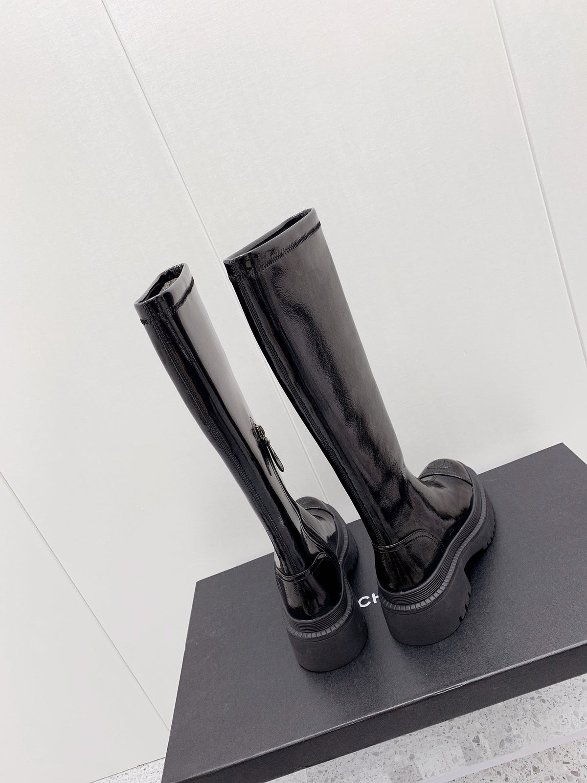 CC 2026 Logo Chunky Platform Knee-High Boots Black Patent Leather 161597