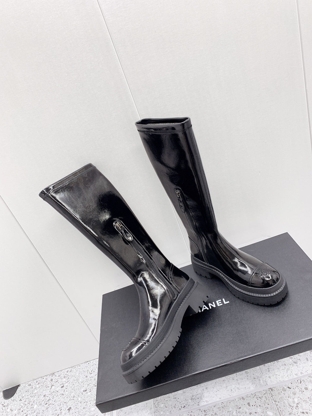 CC 2026 Logo Chunky Platform Knee-High Boots Black Patent Leather 161597