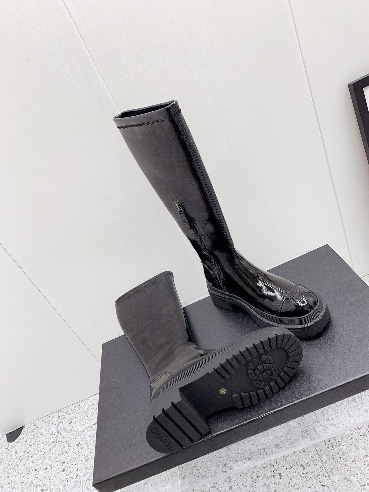 CC 2026 Logo Chunky Platform Knee-High Boots Black Patent Leather 161597