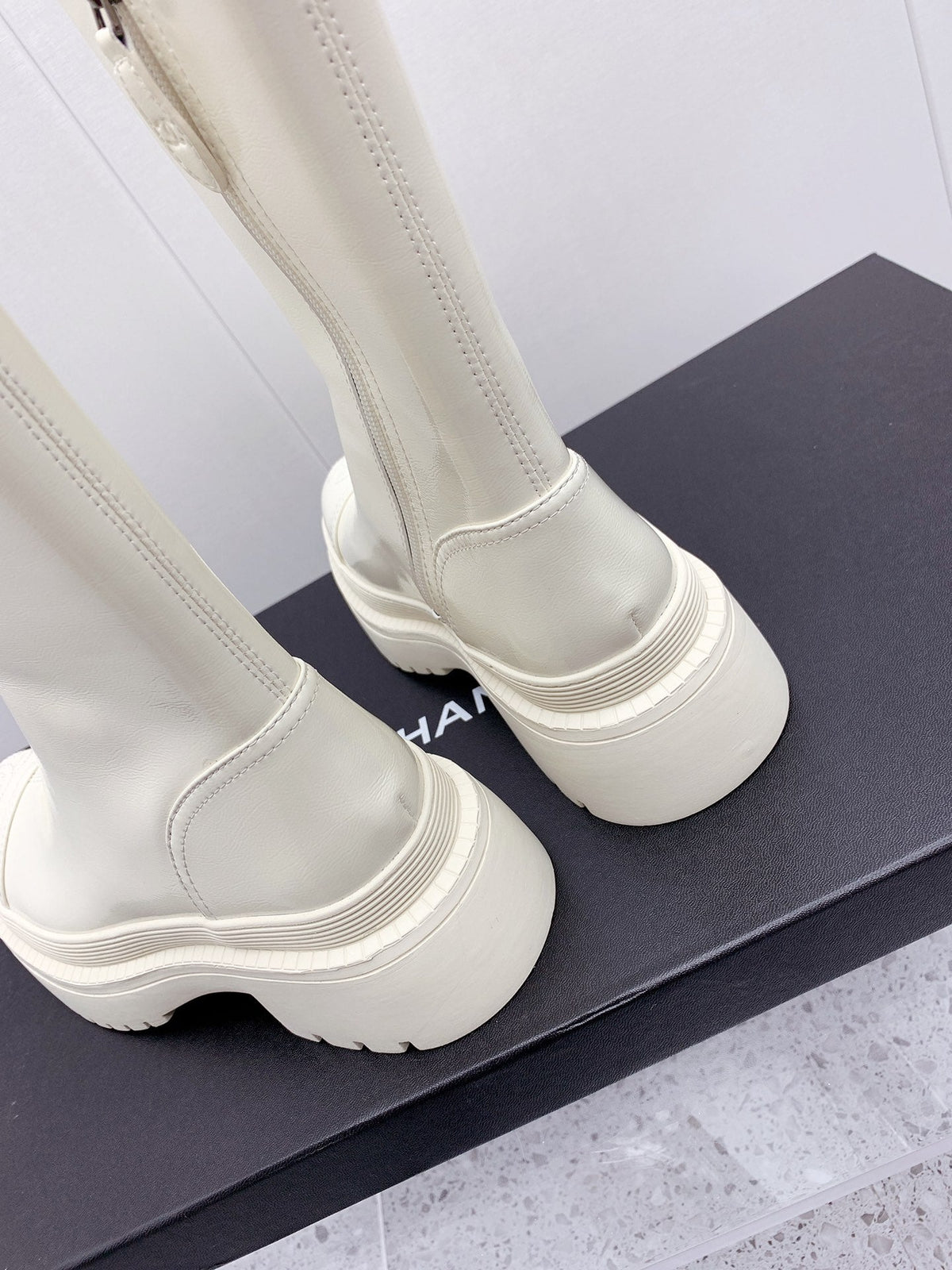 CC 2026 Logo Chunky Platform Knee-High Boots White Leather 161598