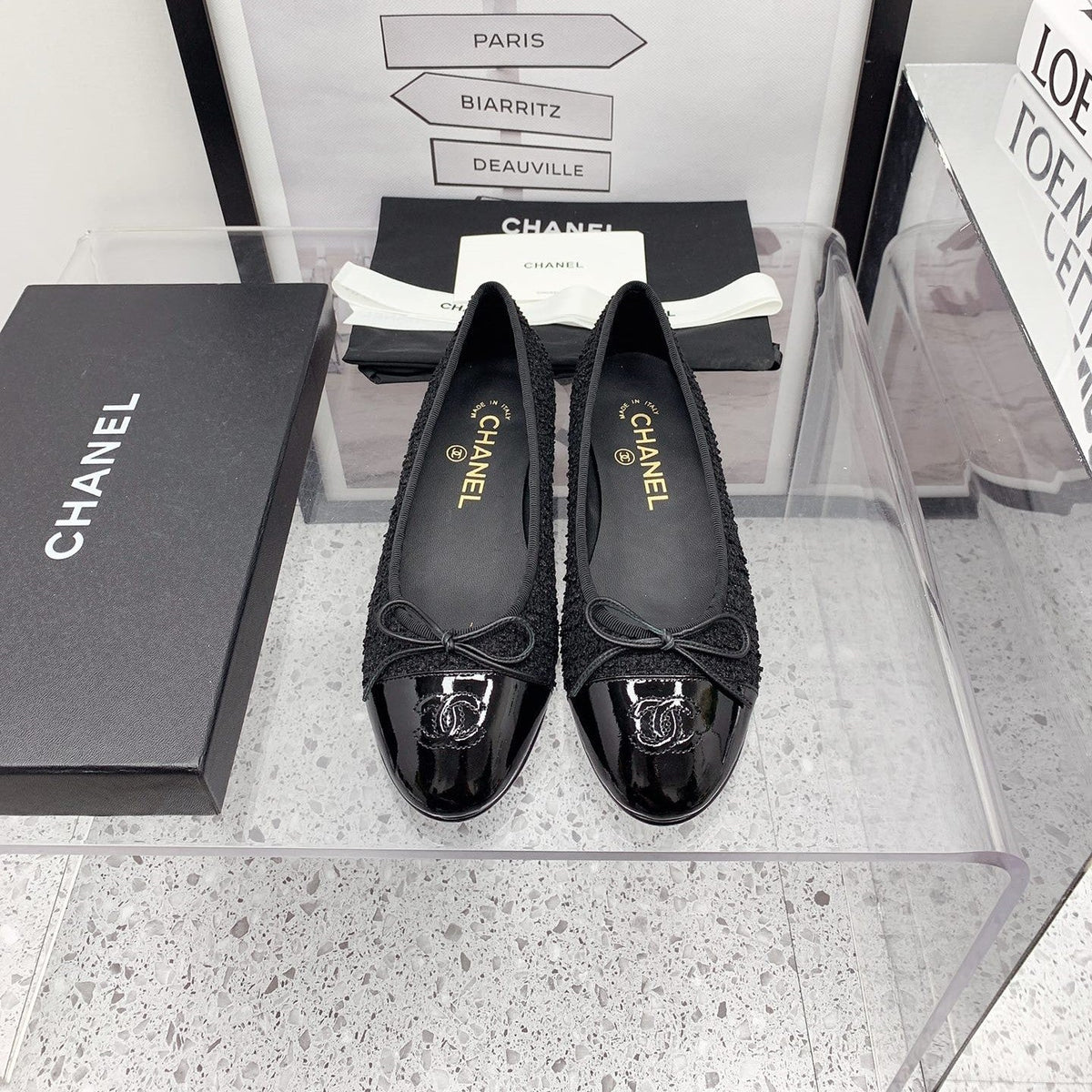 CC 2026 Logo Ballet Flats Black Tweed Patent Leather 161604