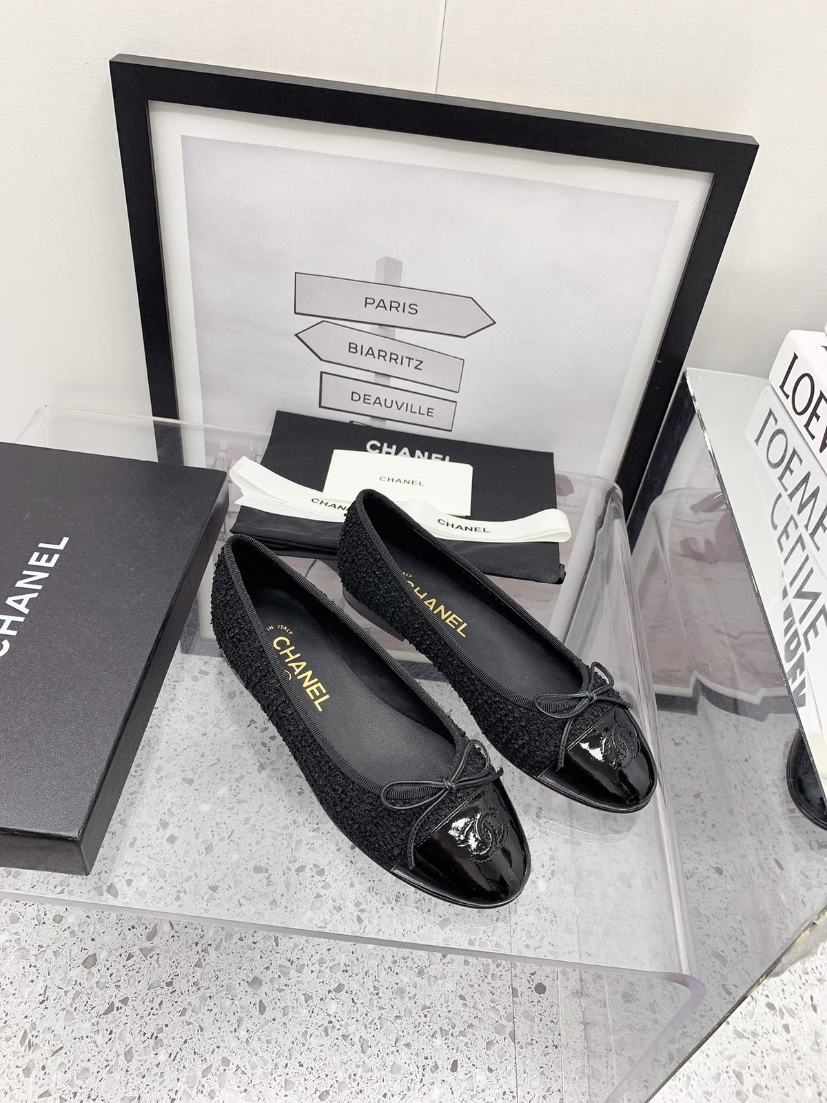 CC 2026 Logo Ballet Flats Black Tweed Patent Leather 161604