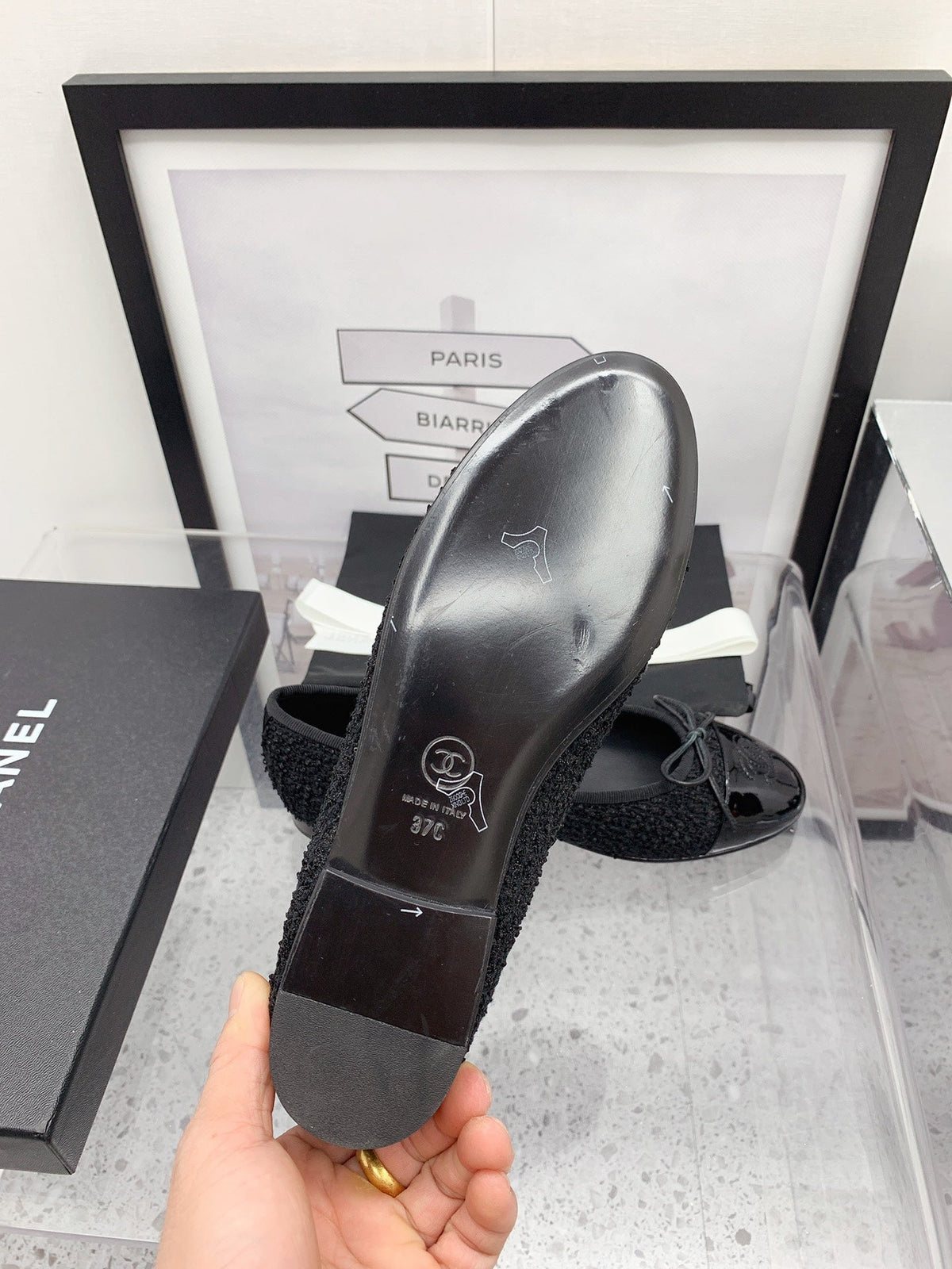 CC 2026 Logo Ballet Flats Black Tweed Patent Leather 161604