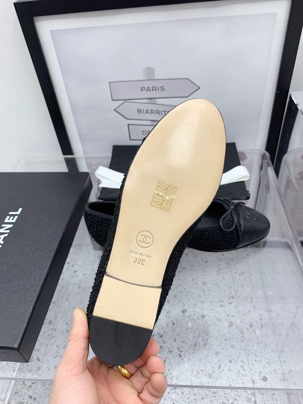 CC 2026 Logo Ballet Flats Black Tweed Leather 161605