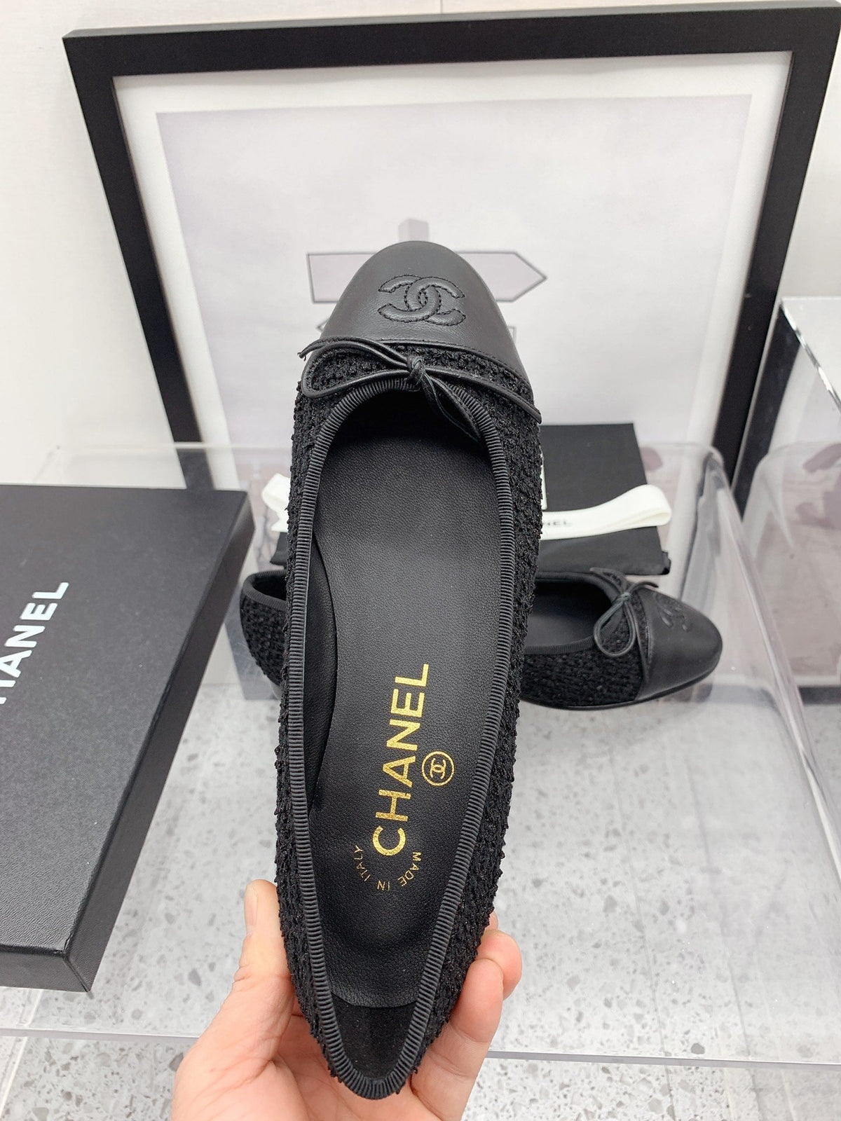 CC 2026 Logo Ballet Flats Black Tweed Leather 161605