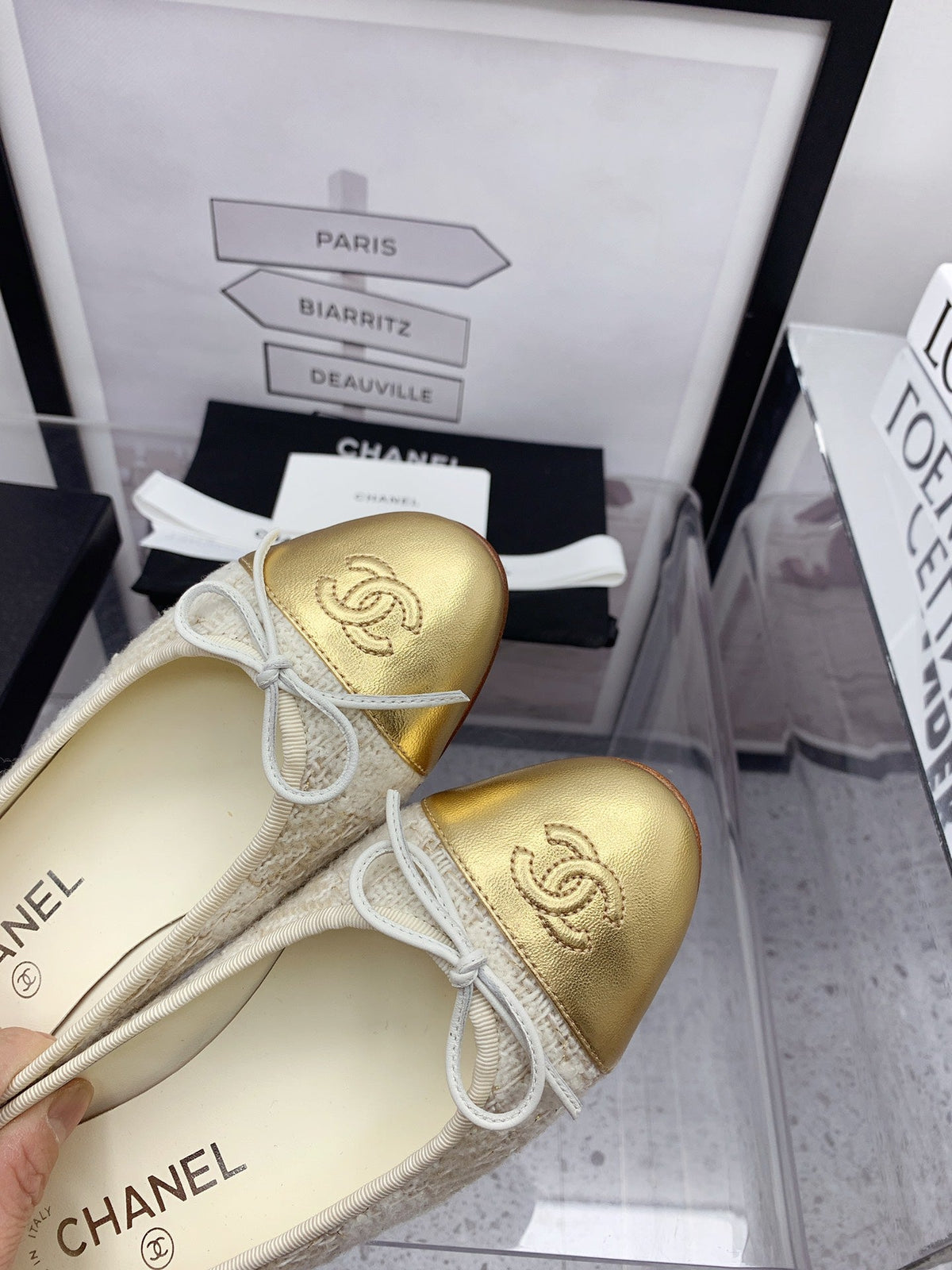 CC 2026 Logo Ballet Flats Cream Tweed Gold Leather 161607