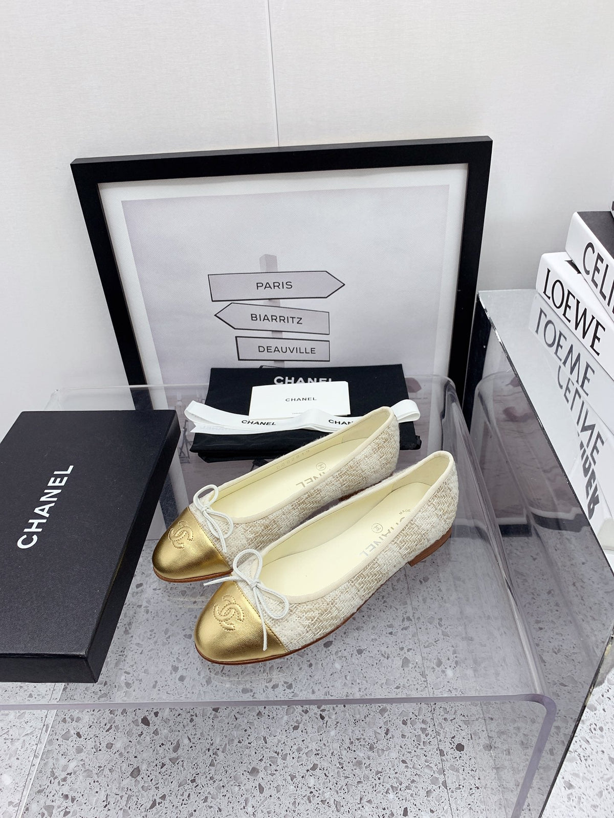 CC 2026 Logo Ballet Flats Cream Tweed Gold Leather 161607