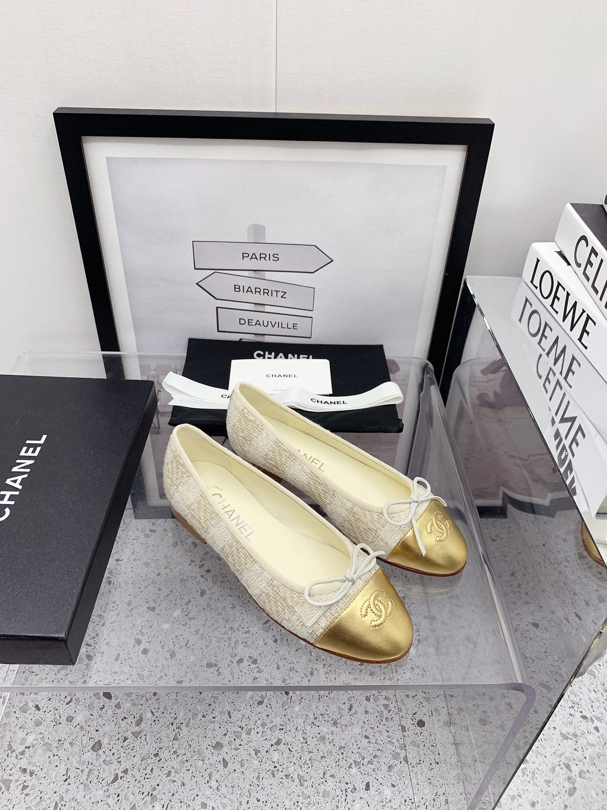 CC 2026 Logo Ballet Flats Cream Tweed Gold Leather 161607