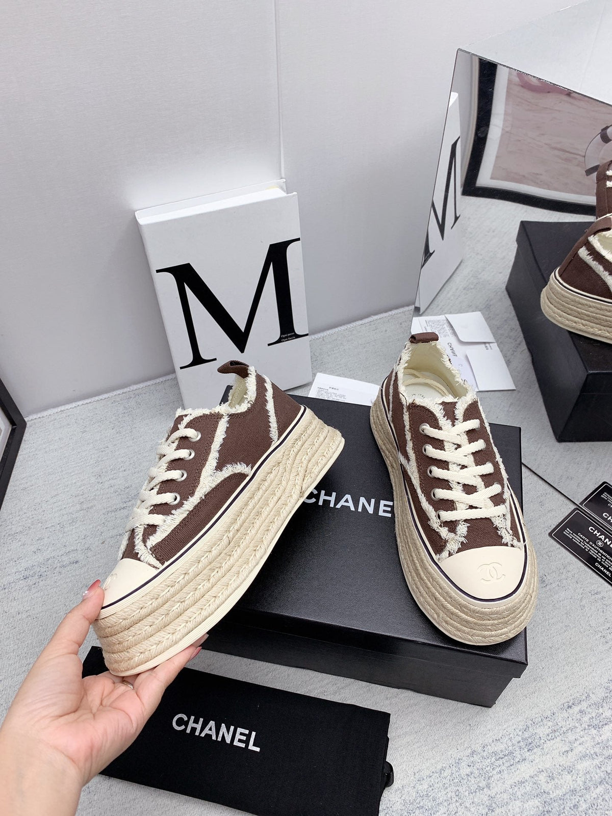 CC 2026 Logo Platform Sneakers Brown Fringed Trim Canvas 161703