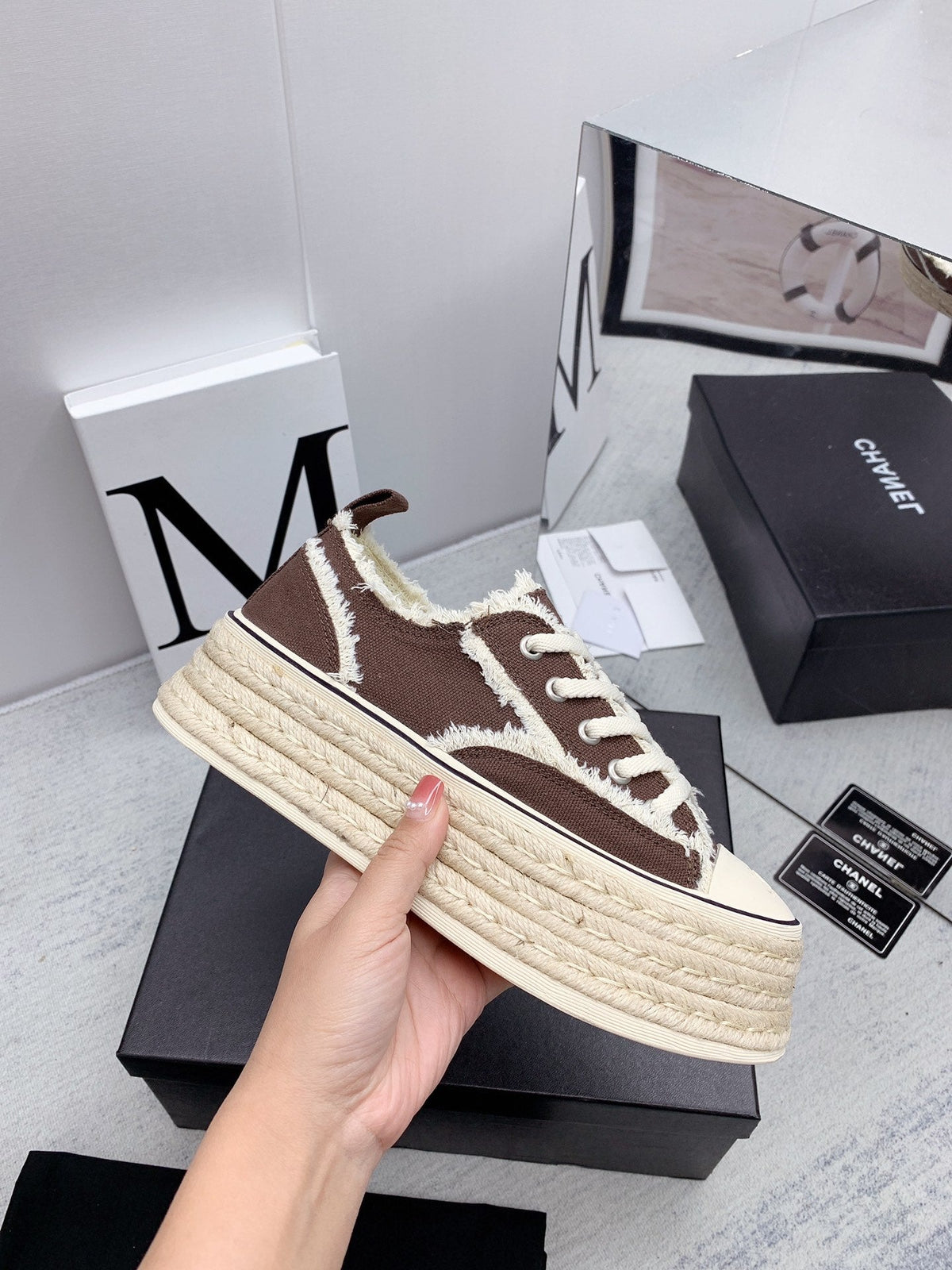 CC 2026 Logo Platform Sneakers Brown Fringed Trim Canvas 161703