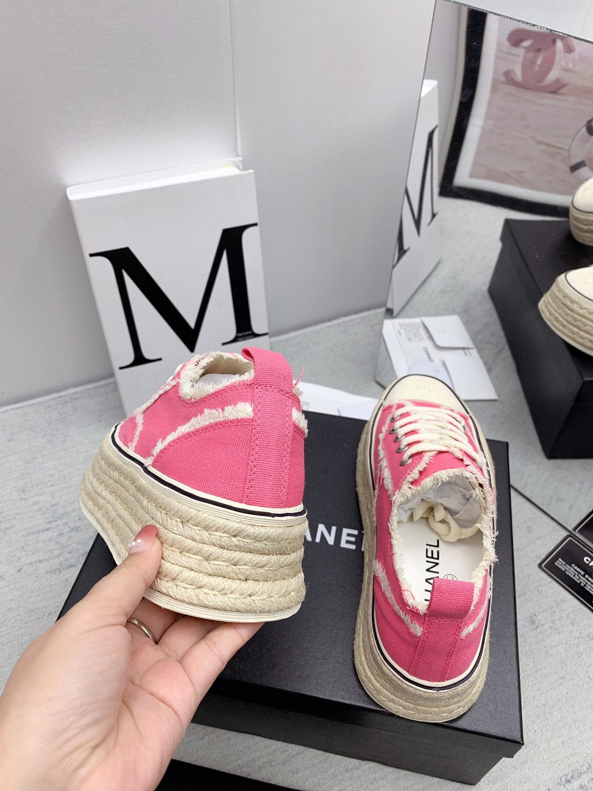 CC 2026 Logo Platform Sneakers Pink Fringed Trim Canvas 161702