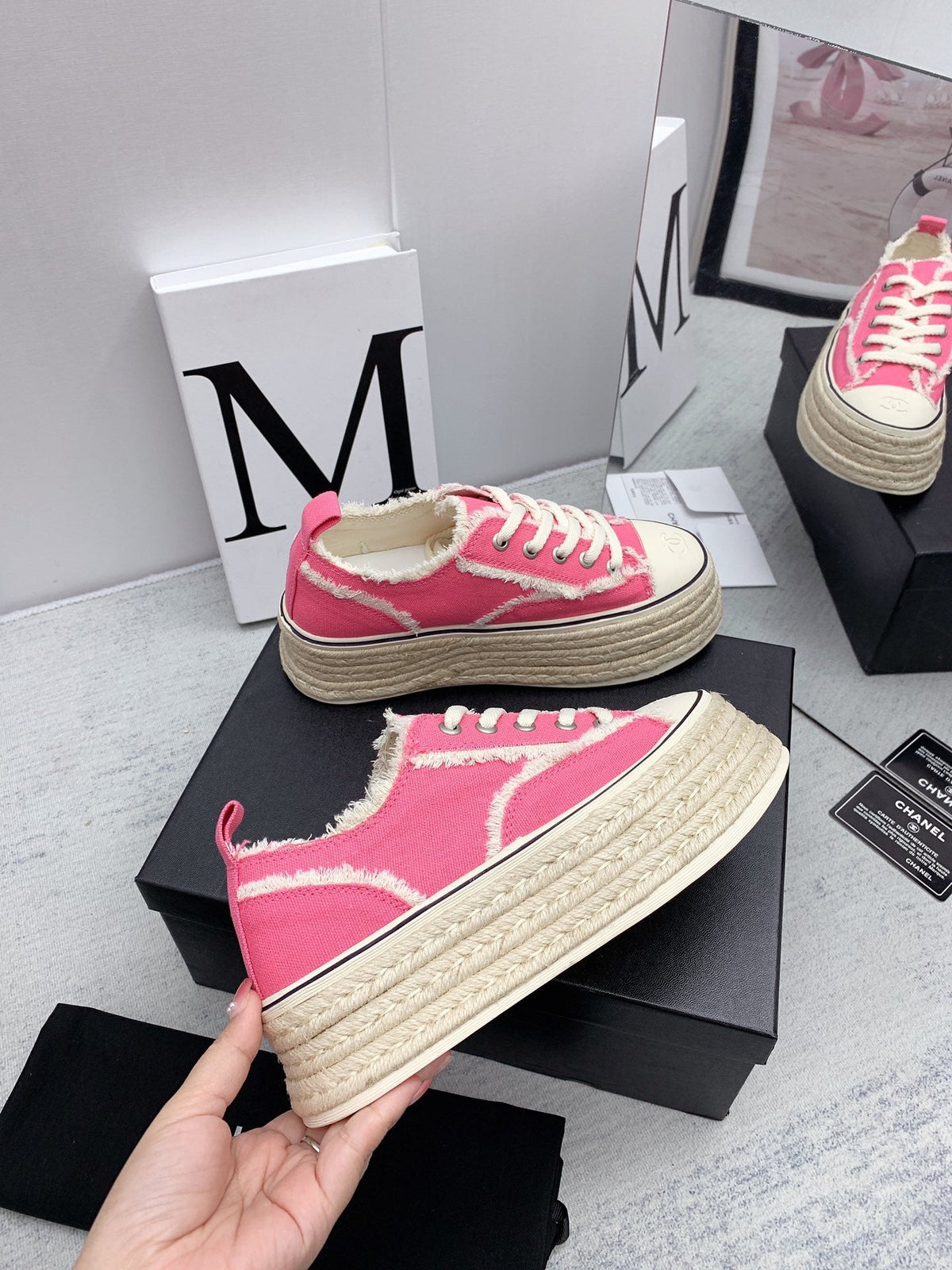 CC 2026 Logo Platform Sneakers Pink Fringed Trim Canvas 161702