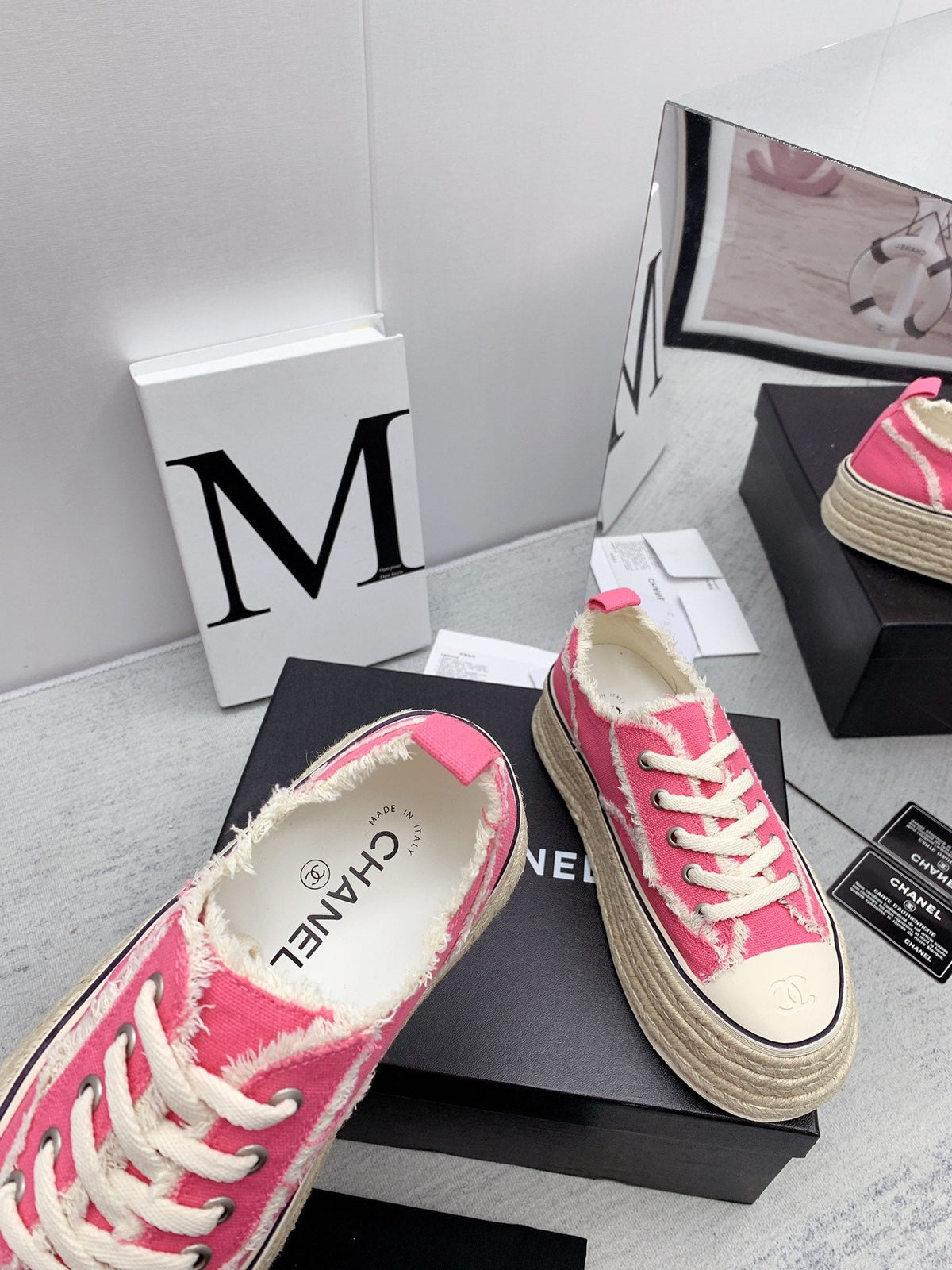 CC 2026 Logo Platform Sneakers Pink Fringed Trim Canvas 161702
