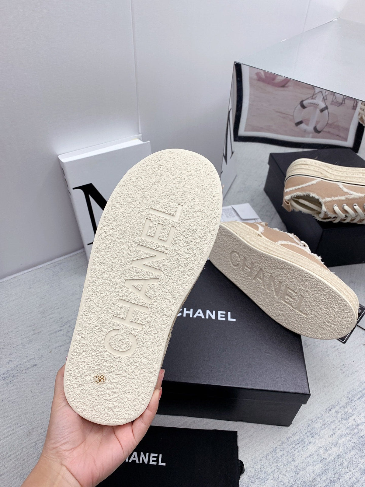 CC 2026 Logo Platform Sneakers Beige Fringed Trim Canvas 161698