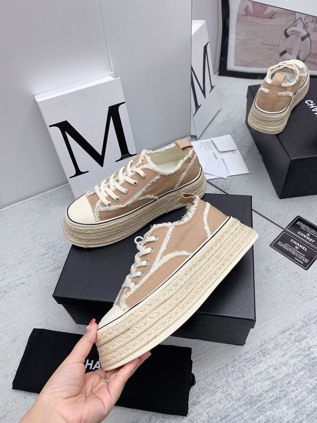 CC 2026 Logo Platform Sneakers Beige Fringed Trim Canvas 161698