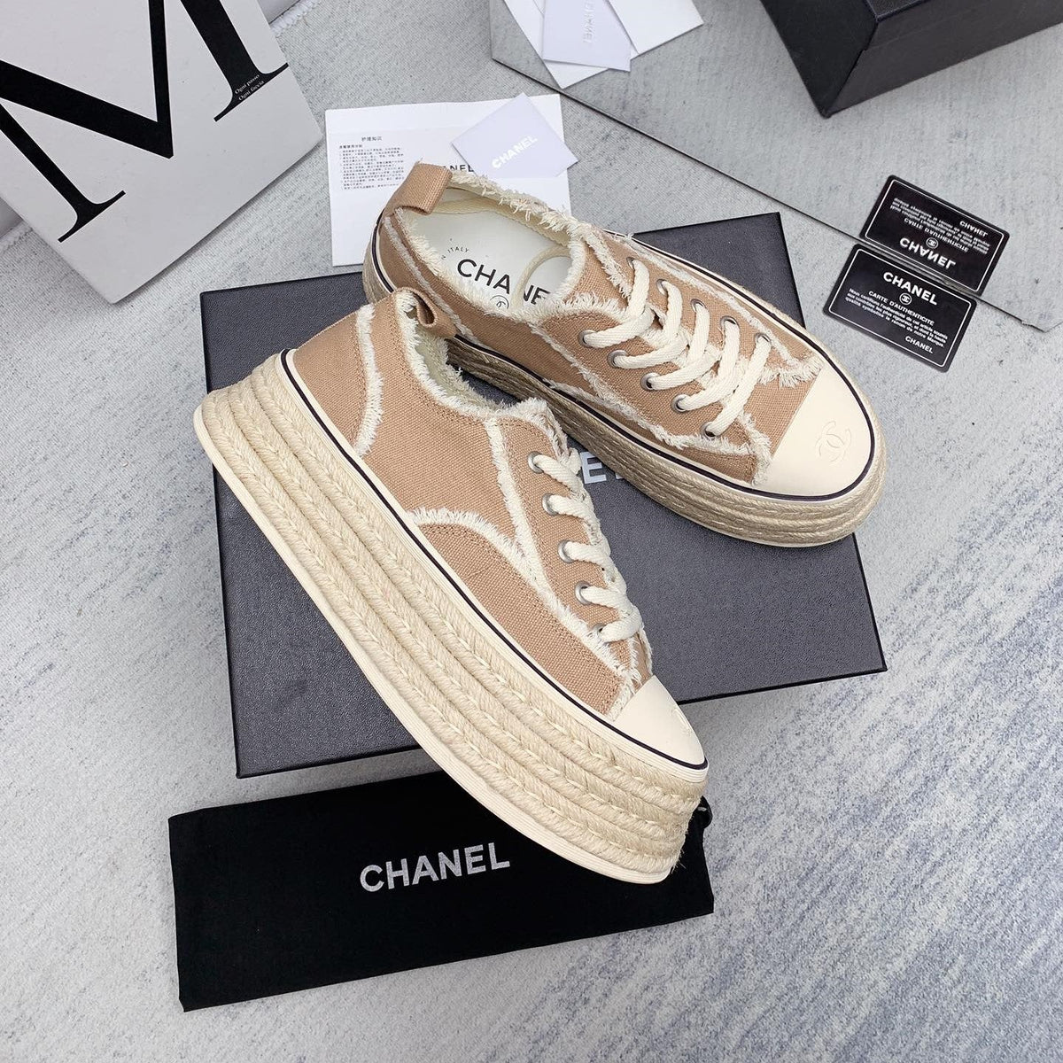 CC 2026 Logo Platform Sneakers Beige Fringed Trim Canvas 161698