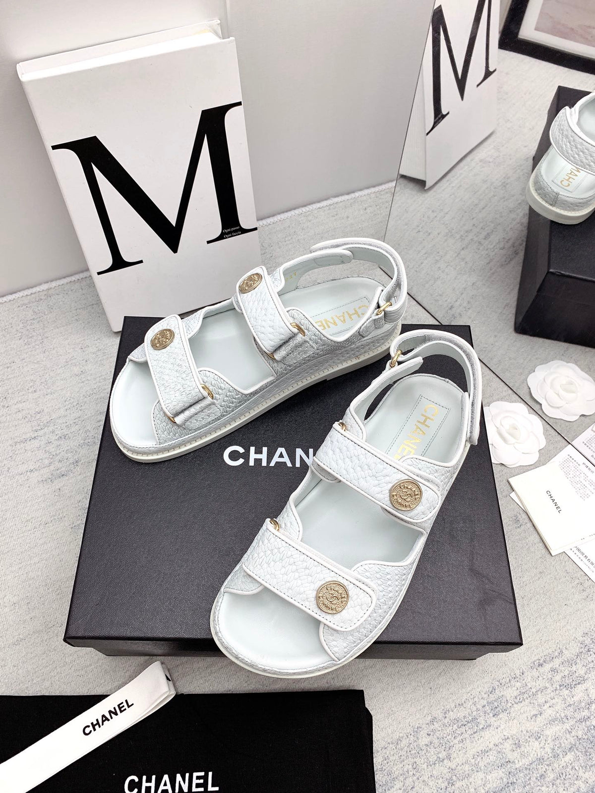 CC 2026 Logo Dad Sandals White Caviar Leather 161743