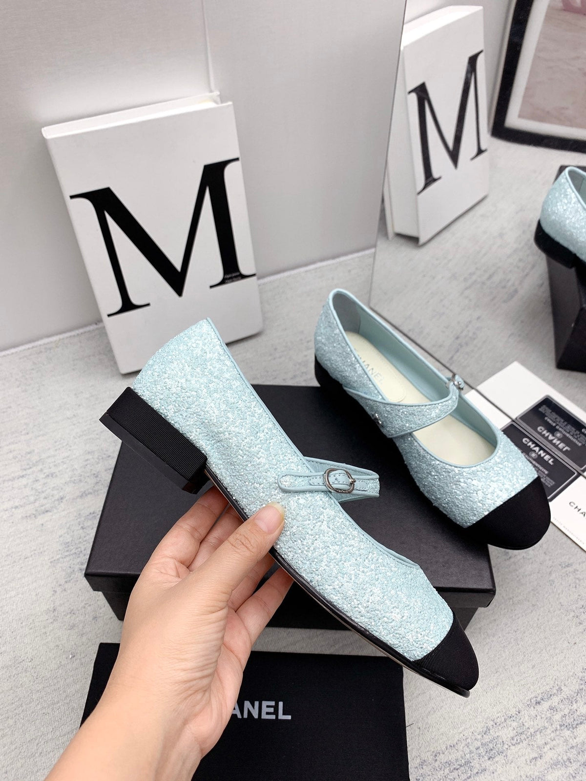CC 2026 Logo Mary Jane Ballet Flats Light Blue Tweed 161755