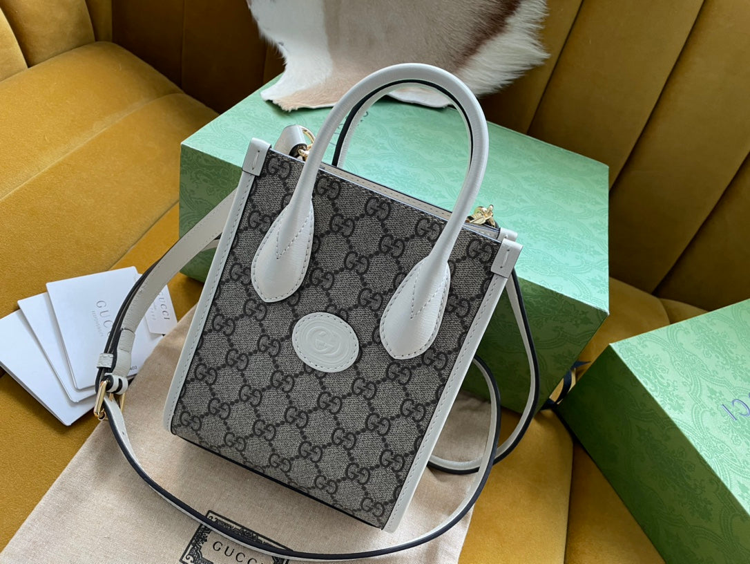 MINI TOTE 20 BAG IN BEIGE CANVAS AND WHITE CALFSKIN