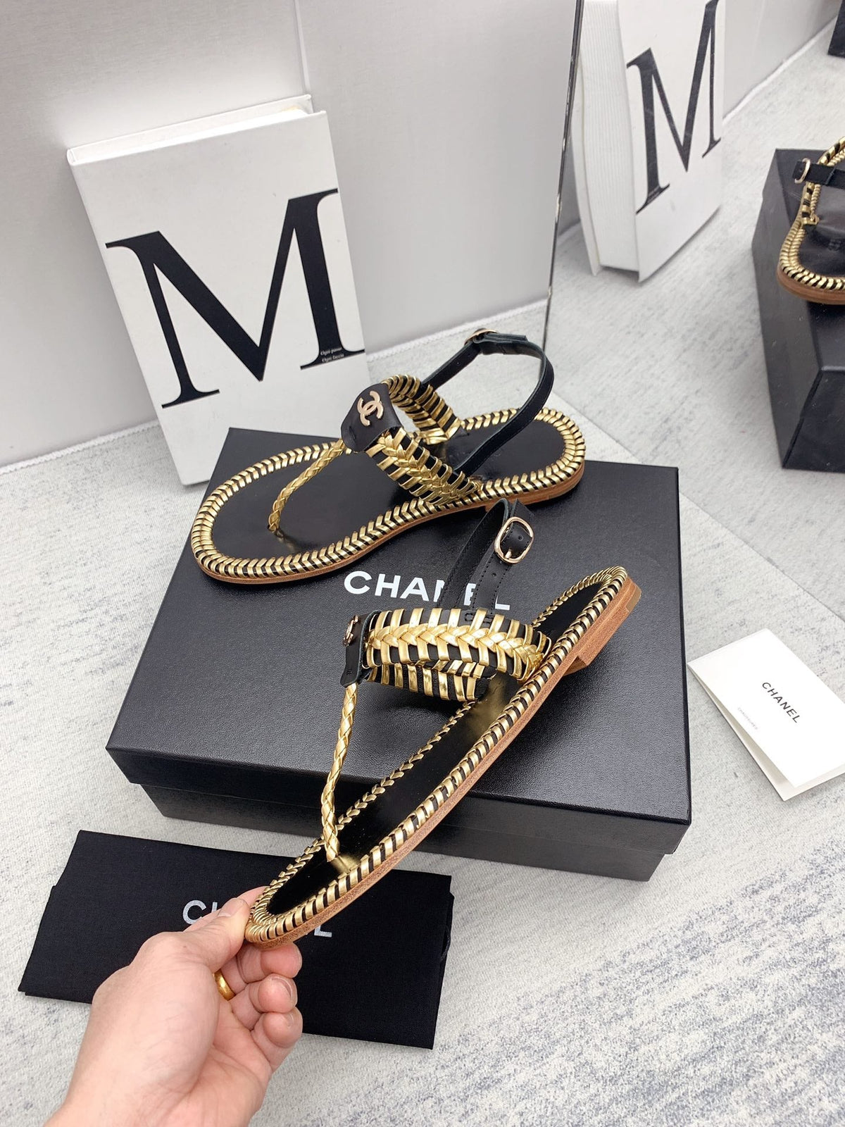 CC 26s Thong Sandals Black Gold Interlocking Leather 159999