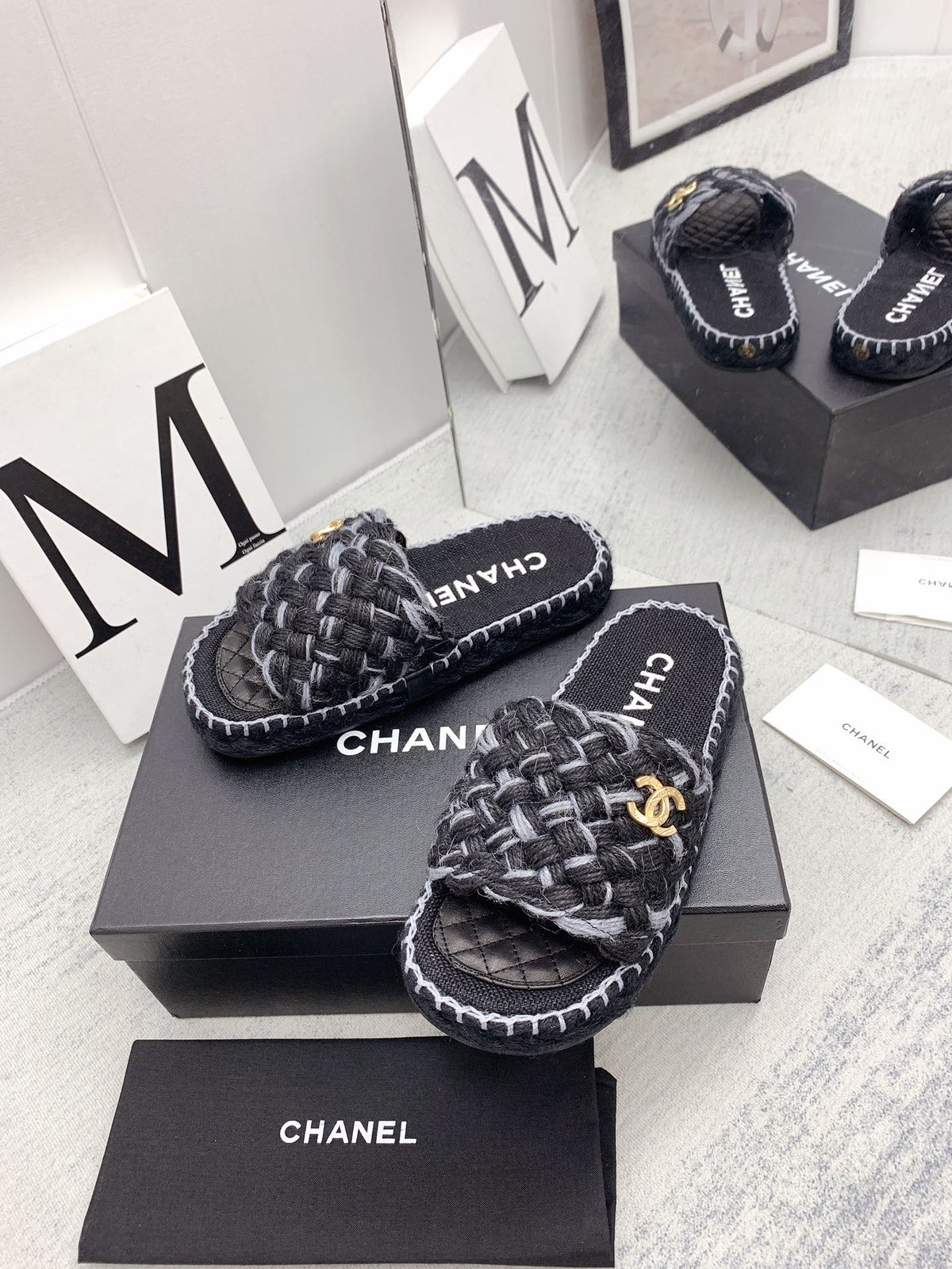 CC 26s Mules Black Grey Interlocking Fabric Lambskin 159998