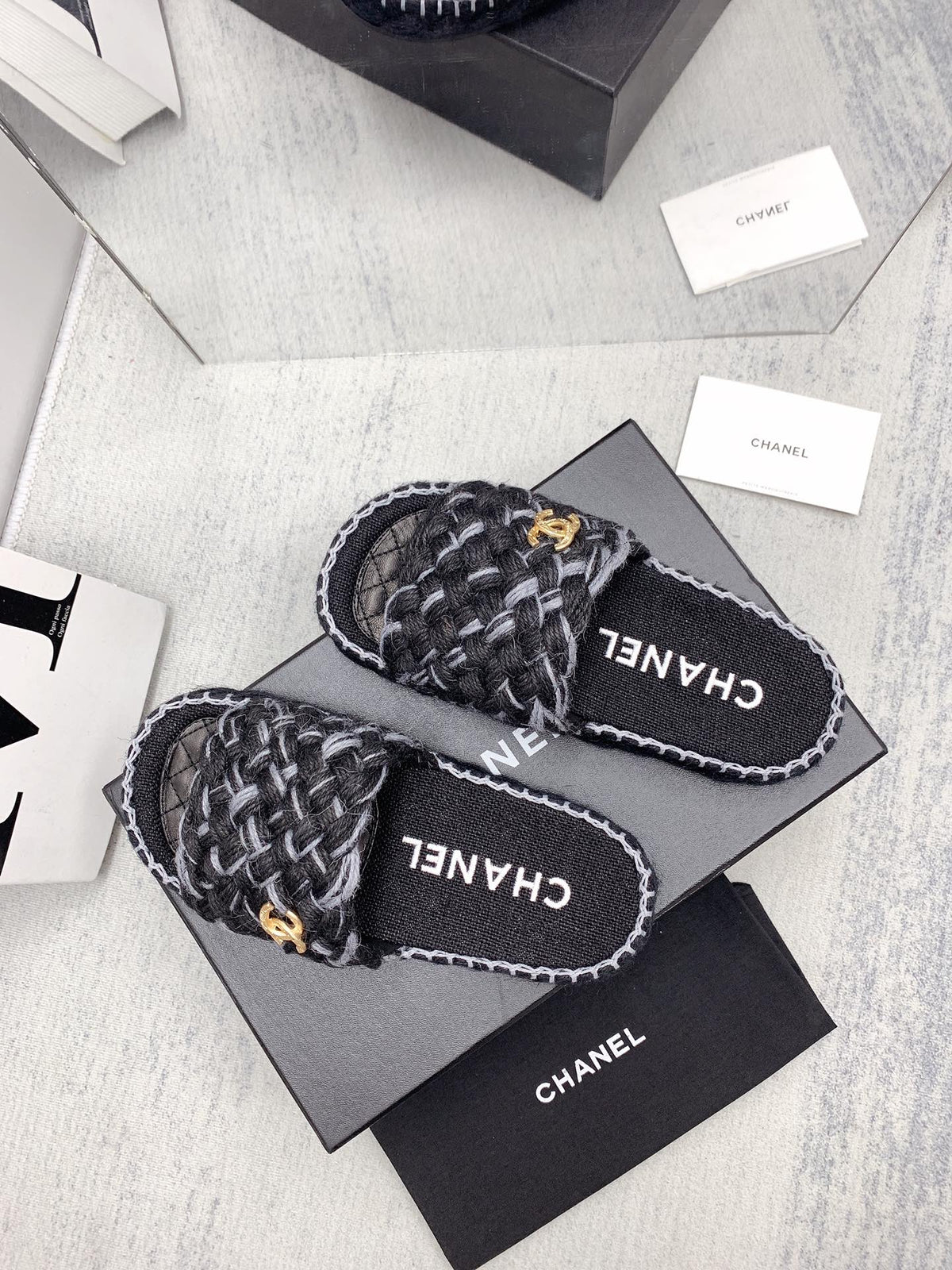 CC 26s Mules Black Grey Interlocking Fabric Lambskin 159998