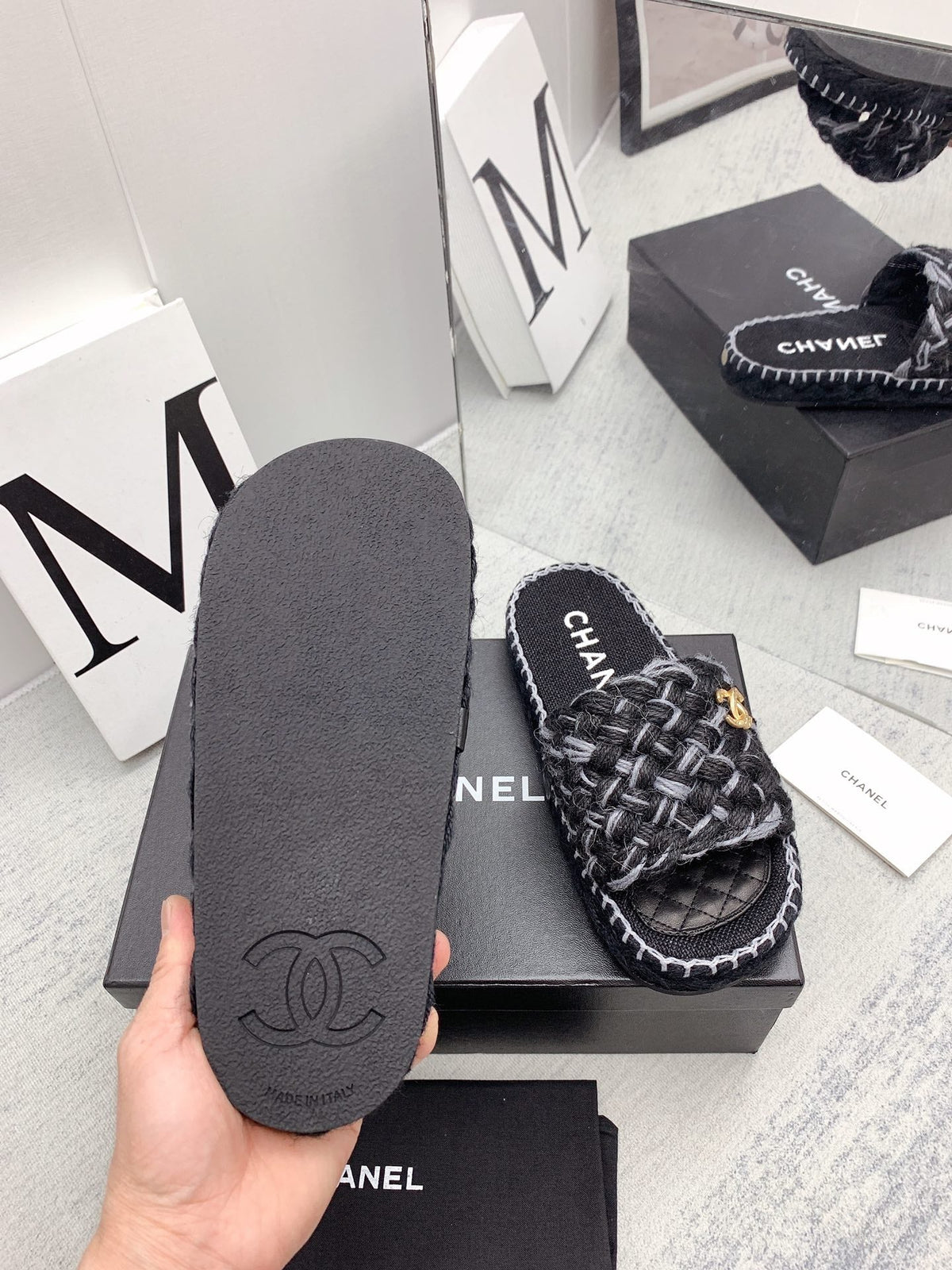 CC 26s Mules Black Grey Interlocking Fabric Lambskin 159998