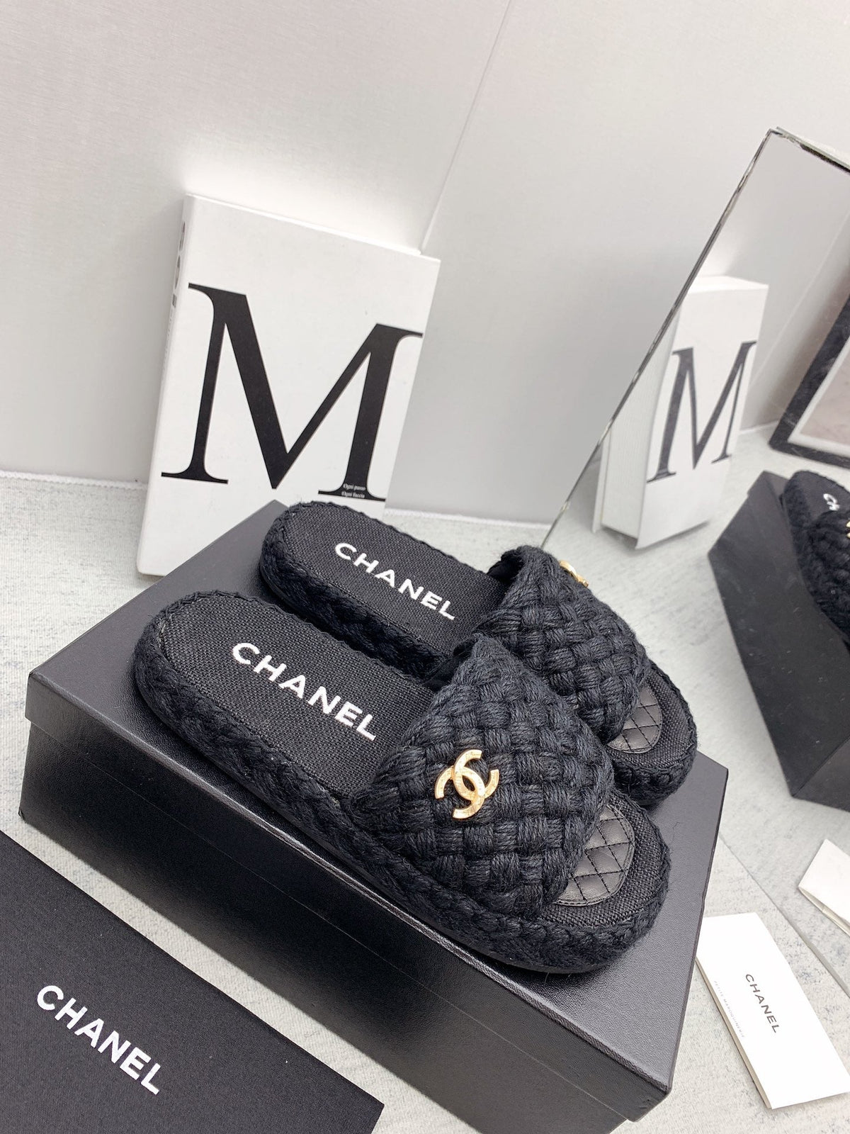 CC 26s Mules Black Interlocking Fabric Lambskin 160004