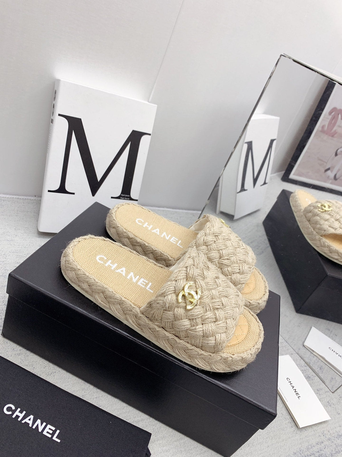 CC 26s Mules Beige Interlocking Fabric Lambskin 160005
