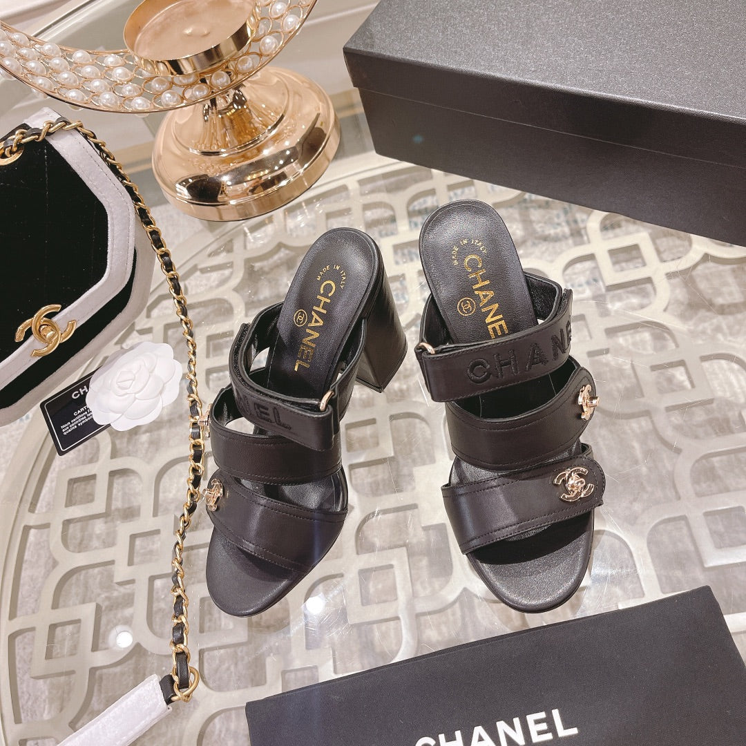 CC 25C Three Strap Sandal Mule High Heel Black Sheepskin 213348