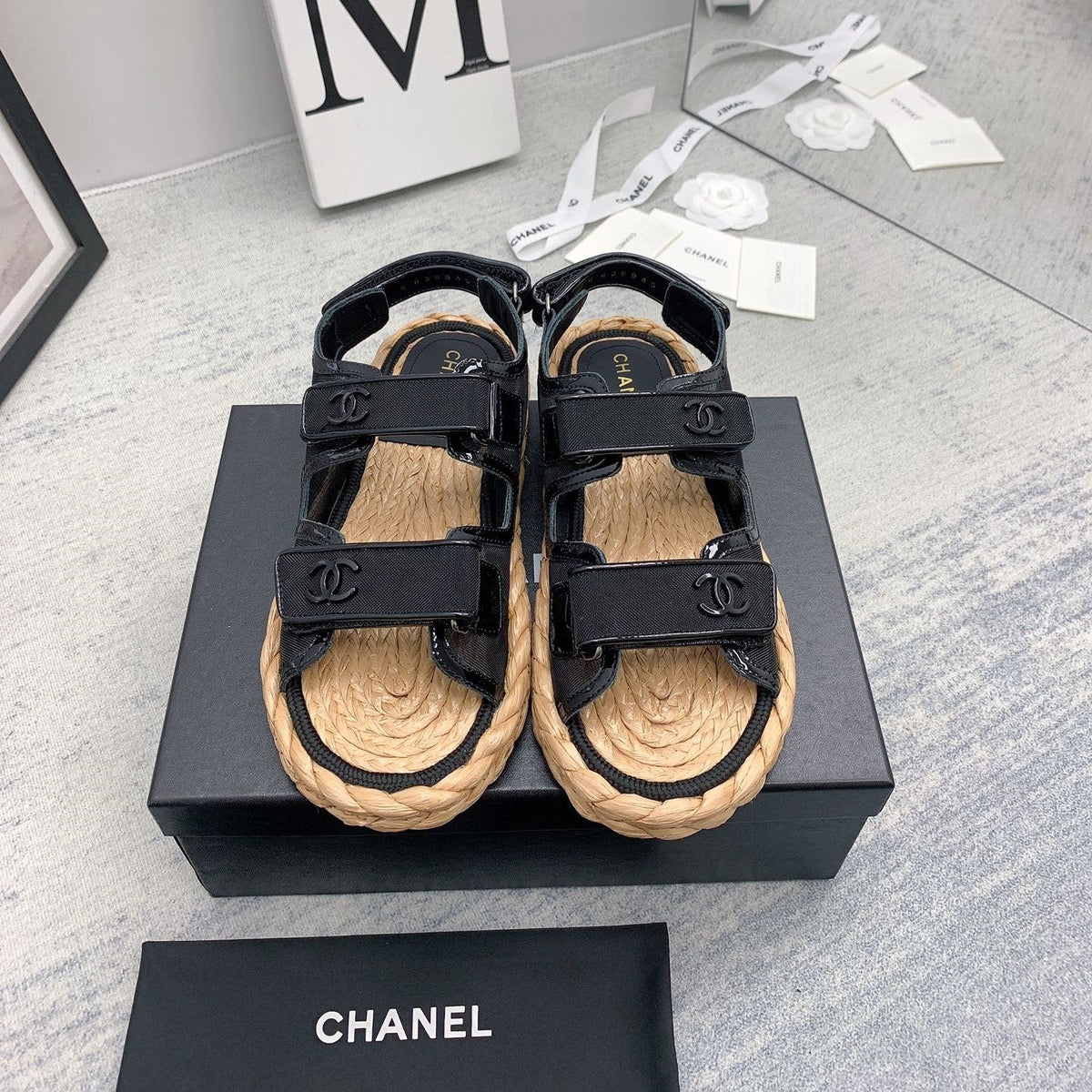 CC 26s Dad Sandals Black Fabric Patent Cord 160038