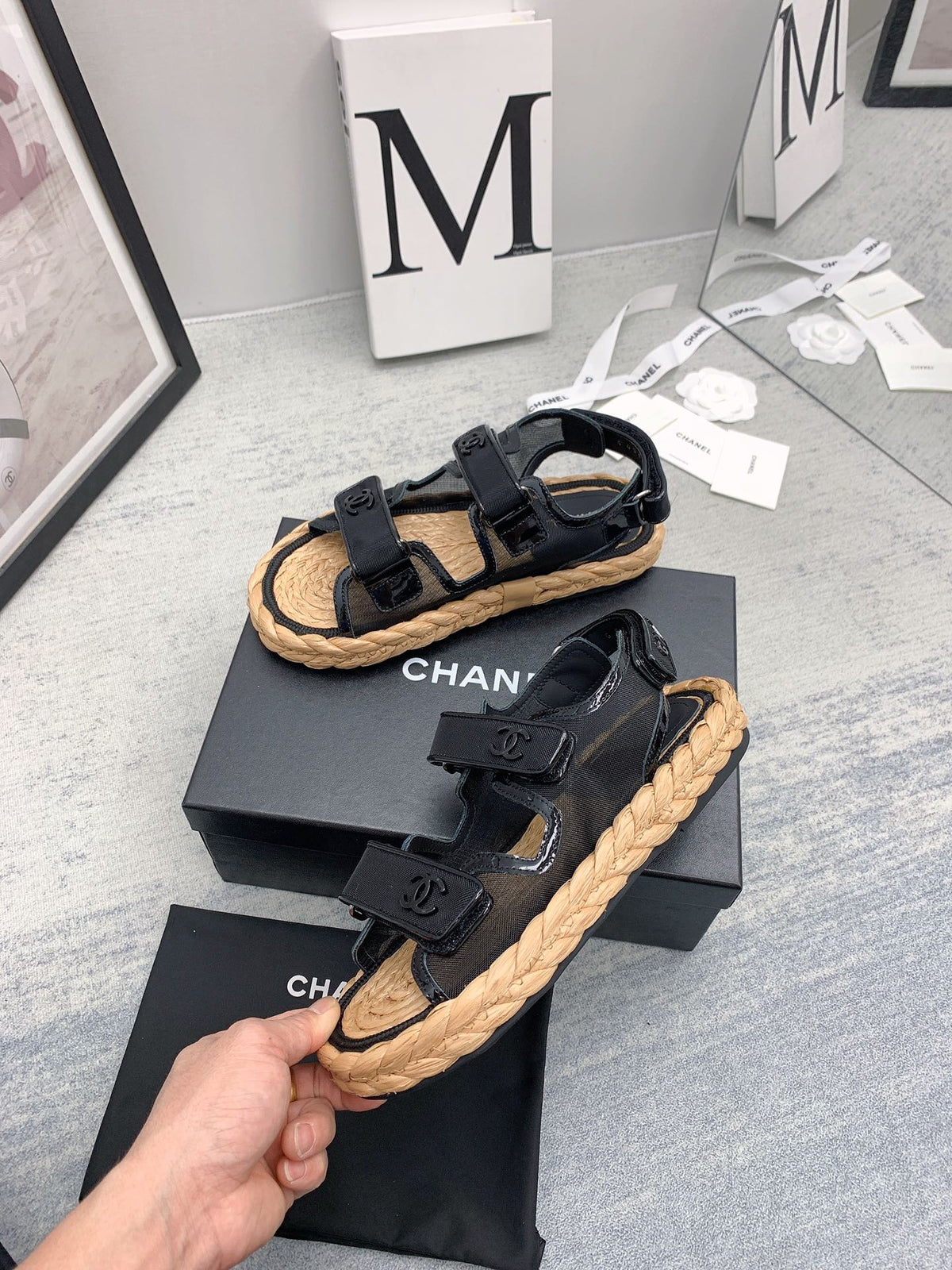 CC 26s Dad Sandals Black Fabric Patent Cord 160038