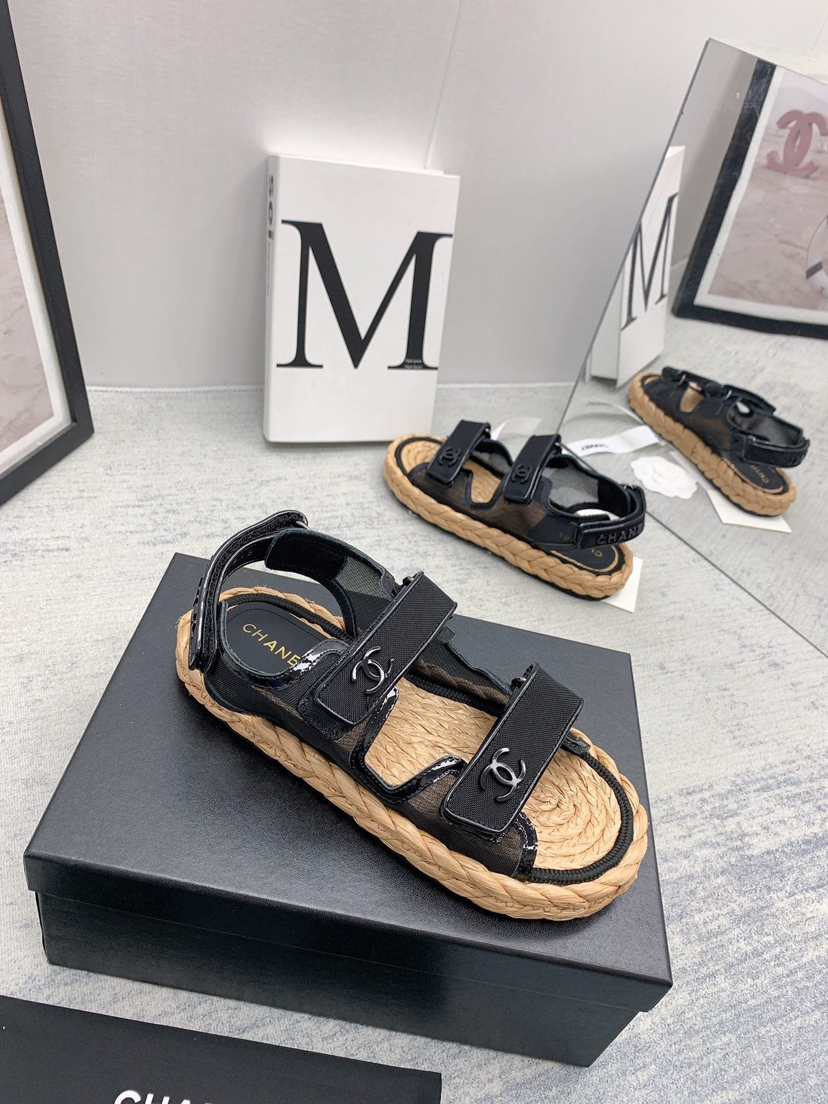 CC 26s Dad Sandals Black Fabric Patent Cord 160038